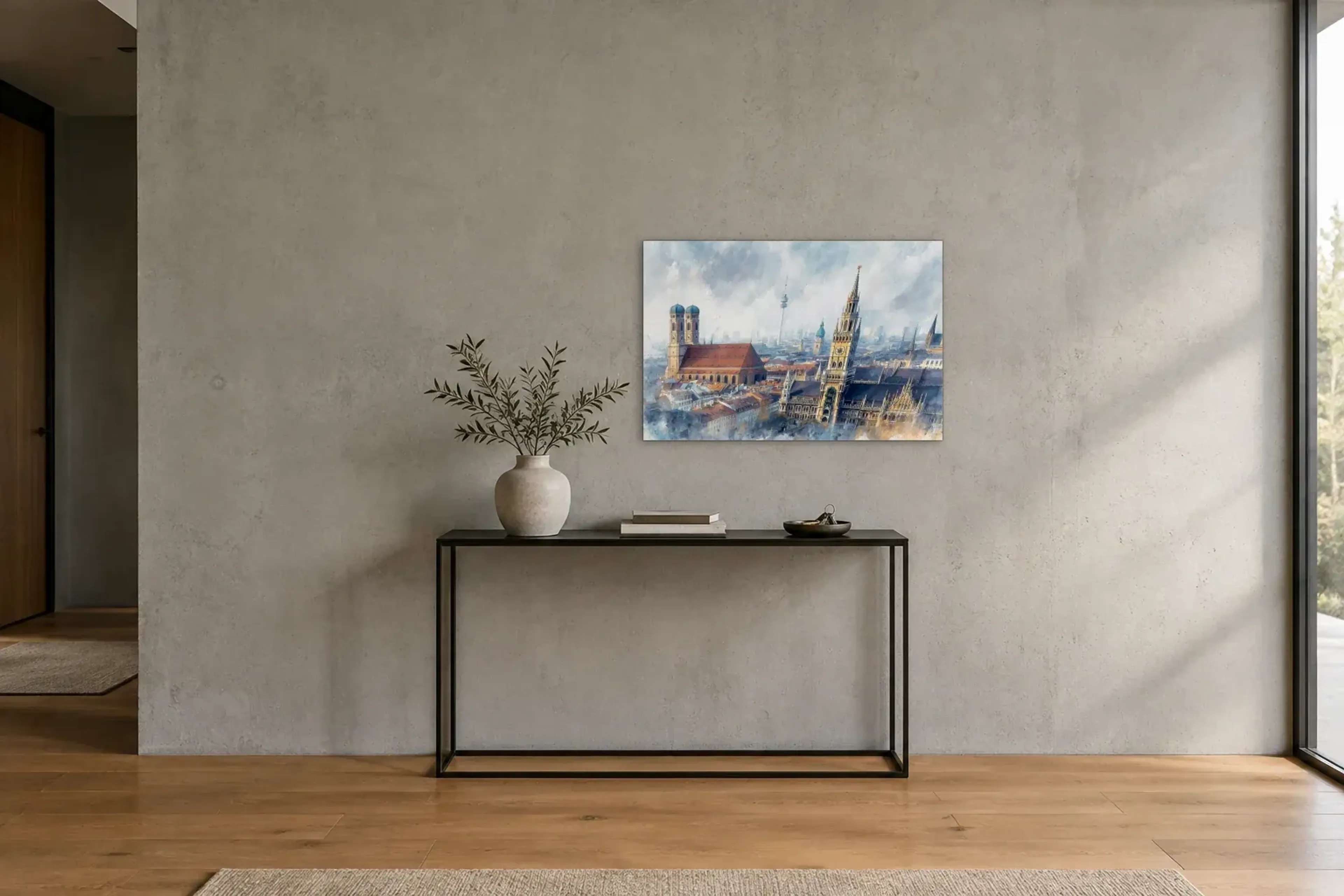 München in sanftem Blau als Wandbild über einer 120-cm-Konsole