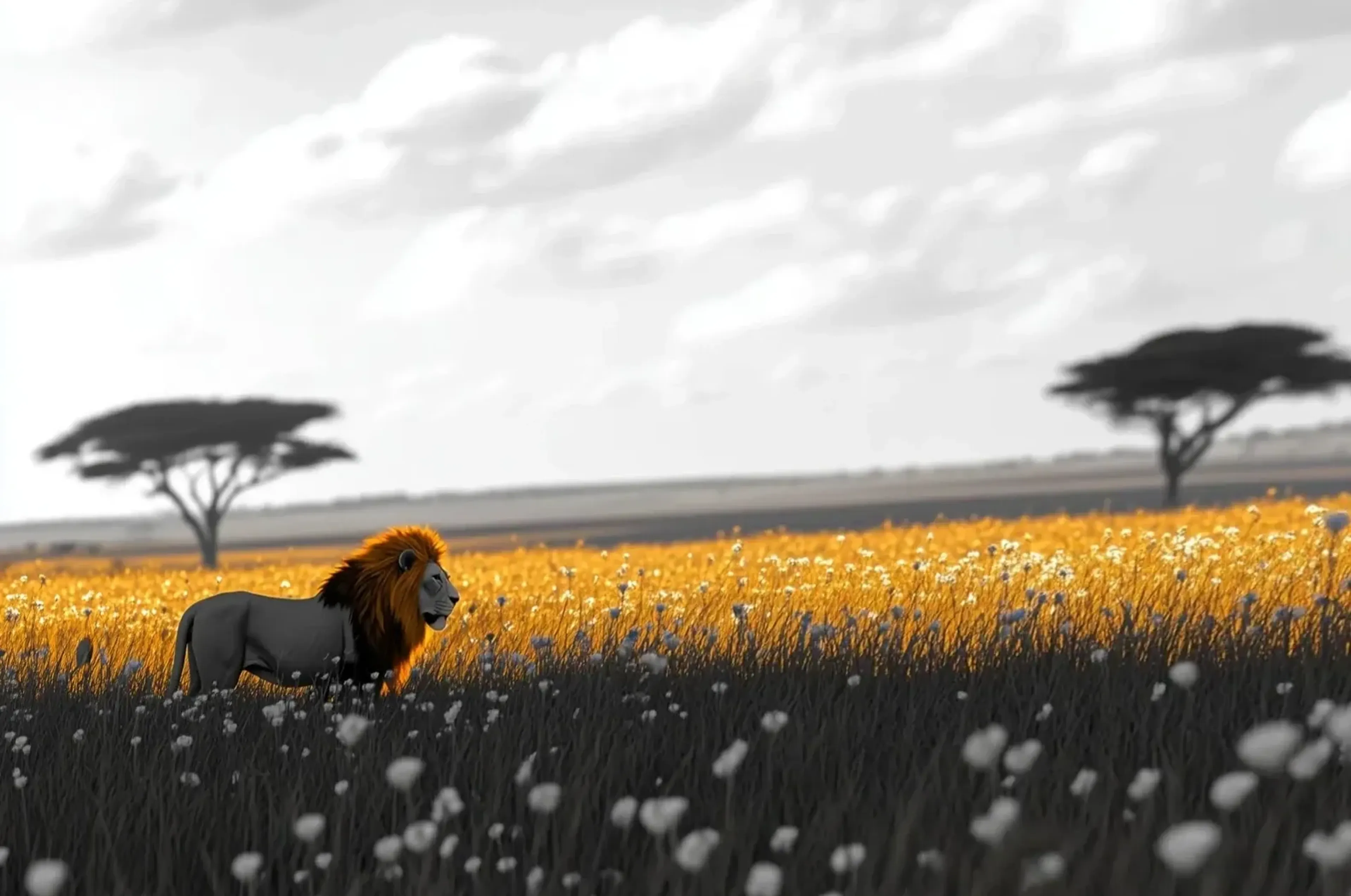 Ein Löwe mit goldbrauner Mähne steht im Gras vor einem goldgelben Feld und Schirmbäumen unter grauem Himmel.