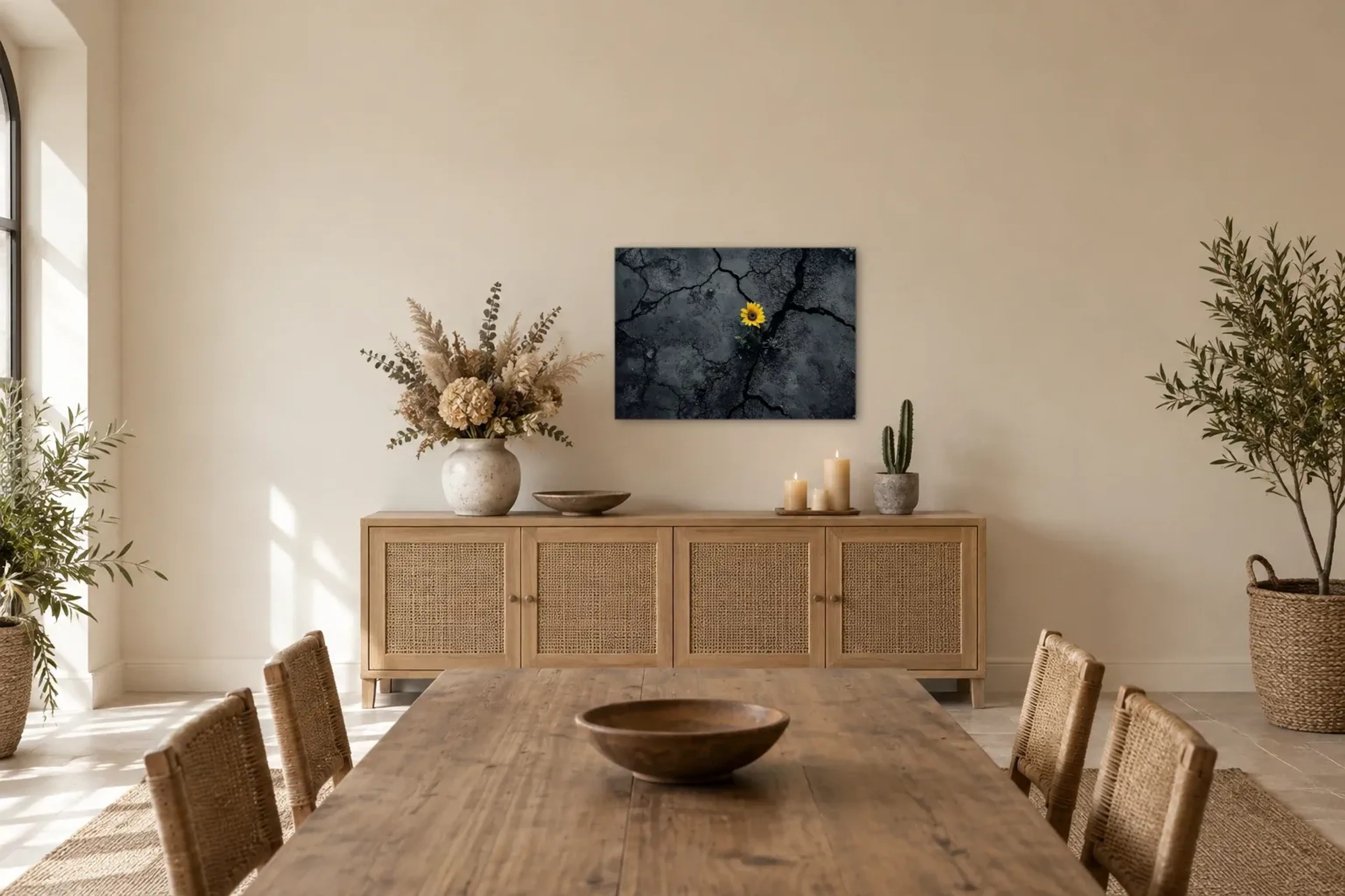 Sonnenblume zwischen Rissen als Wandbild über einem 160-cm-Sideboard