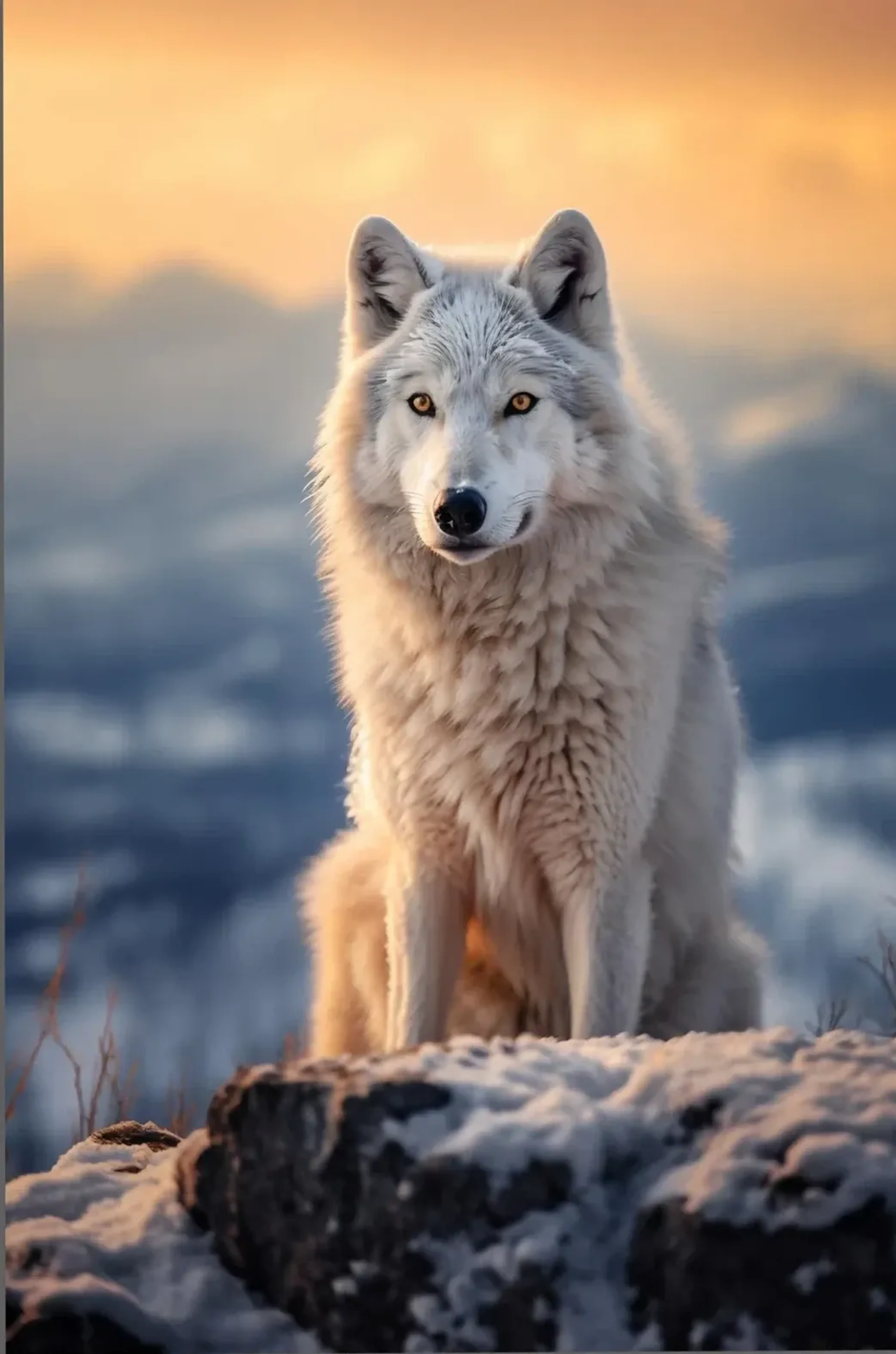 Ein weißer Wolf sitzt hinter verschneiten Felsen vor einer blauen Berglandschaft und orangefarbenem Himmel.