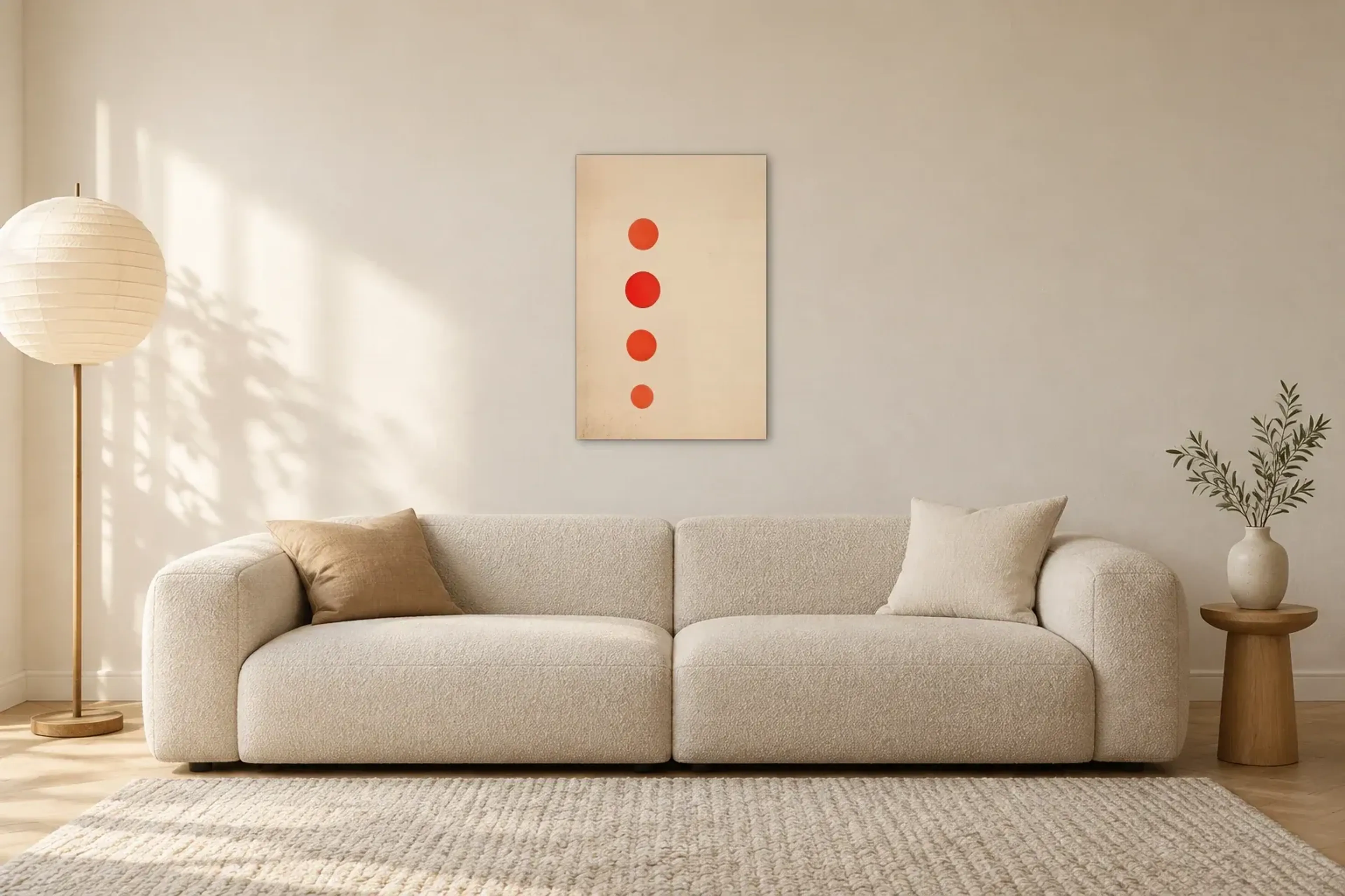 Rote Punkte in Reihe als Wandbild über einem 230-cm-Sofa