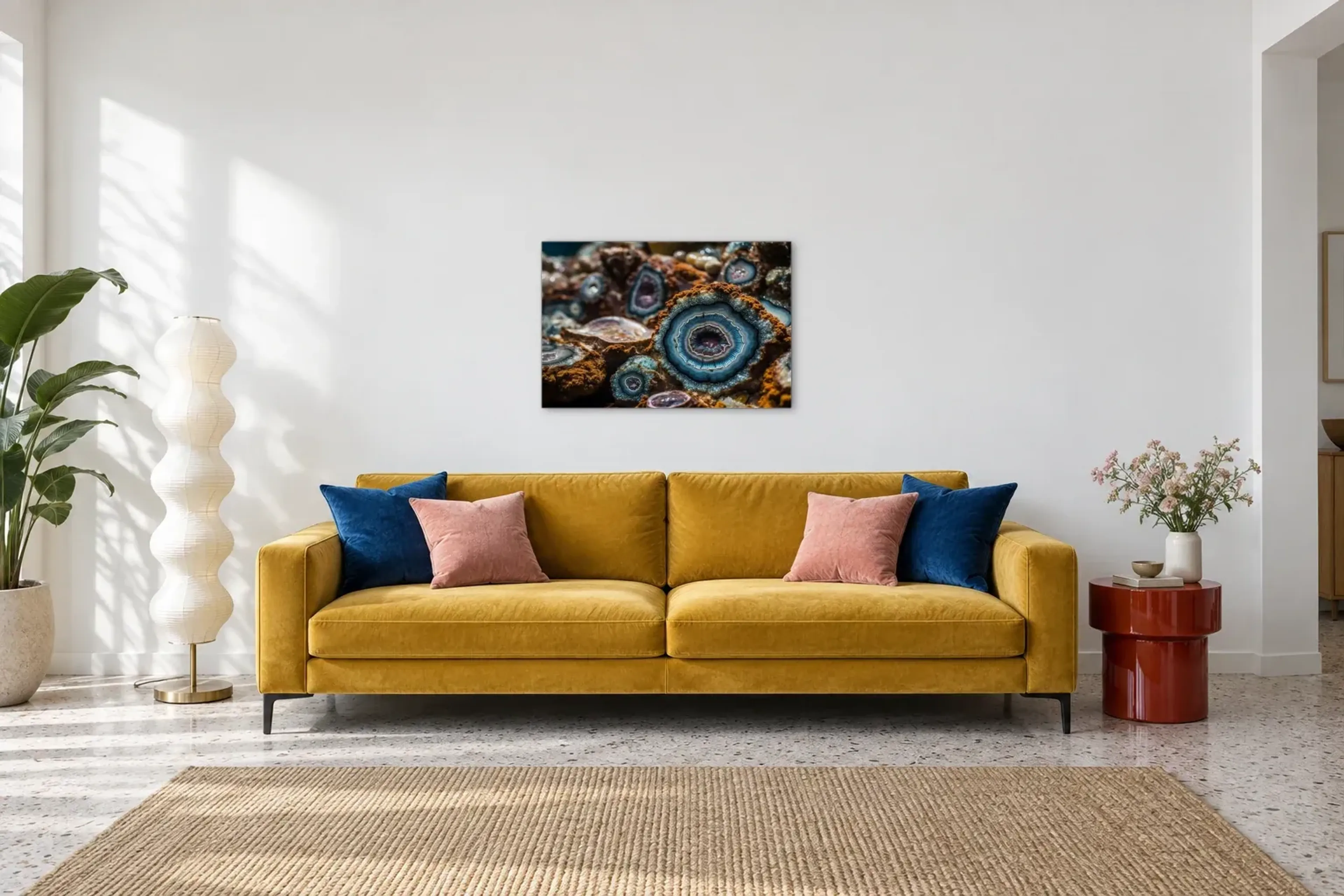Blaue Kristallringe als Wandbild über einem 220-cm-Sofa