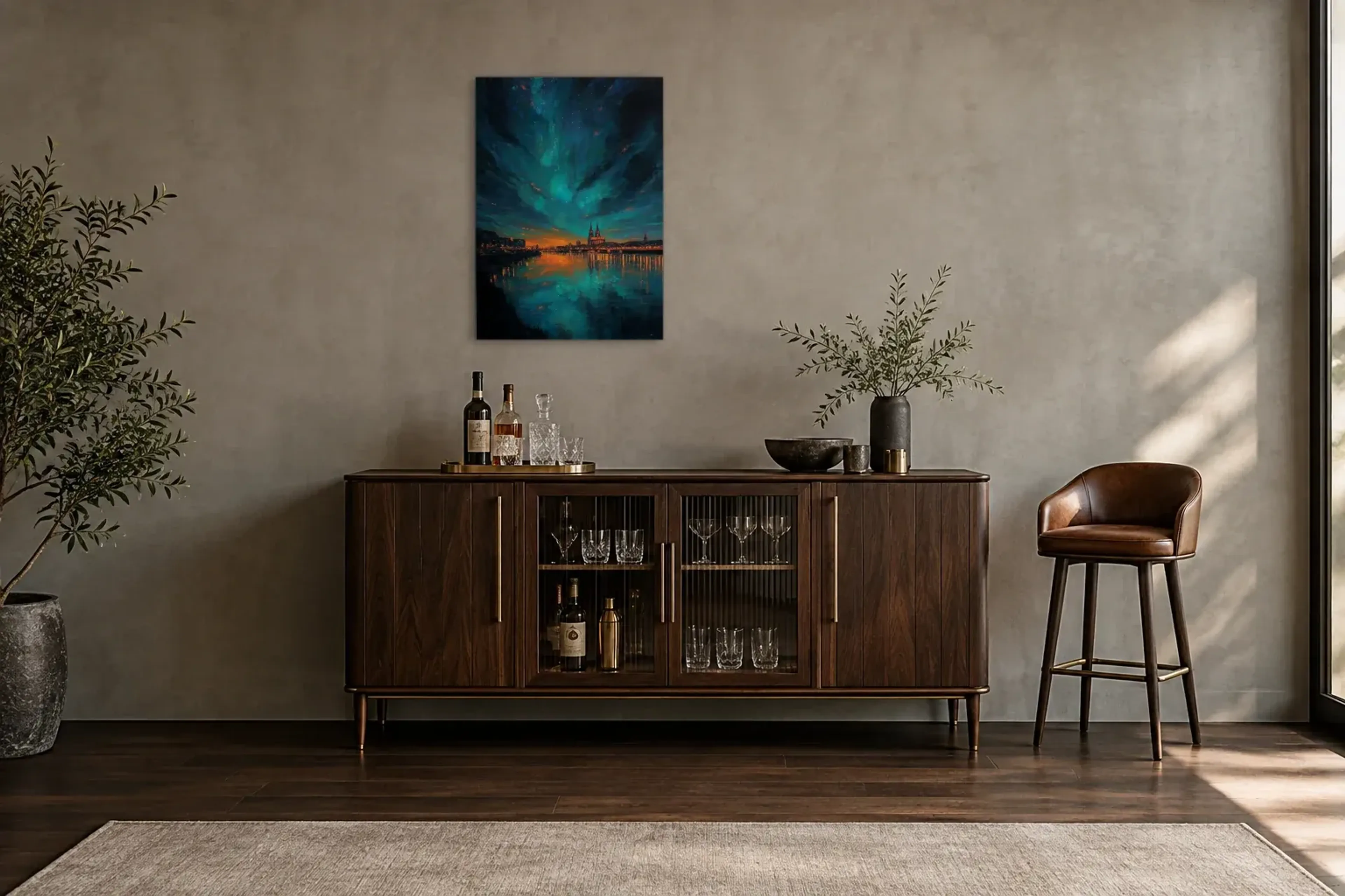 Köln im türkisblauen Abendlicht als Wandbild über einem 150-cm-Barschrank