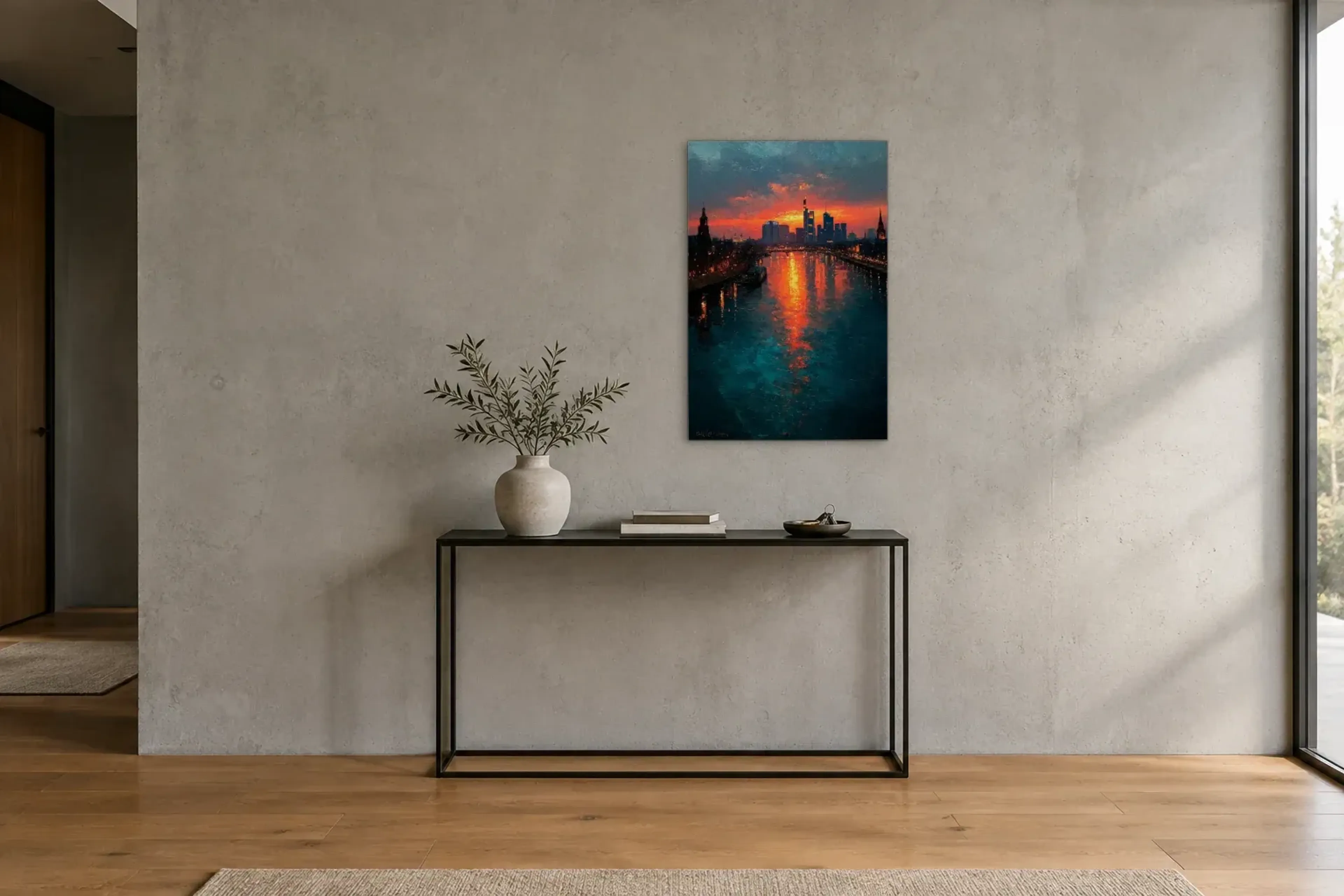 Frankfurt im Abendrot als Wandbild über einer 120-cm-Konsole