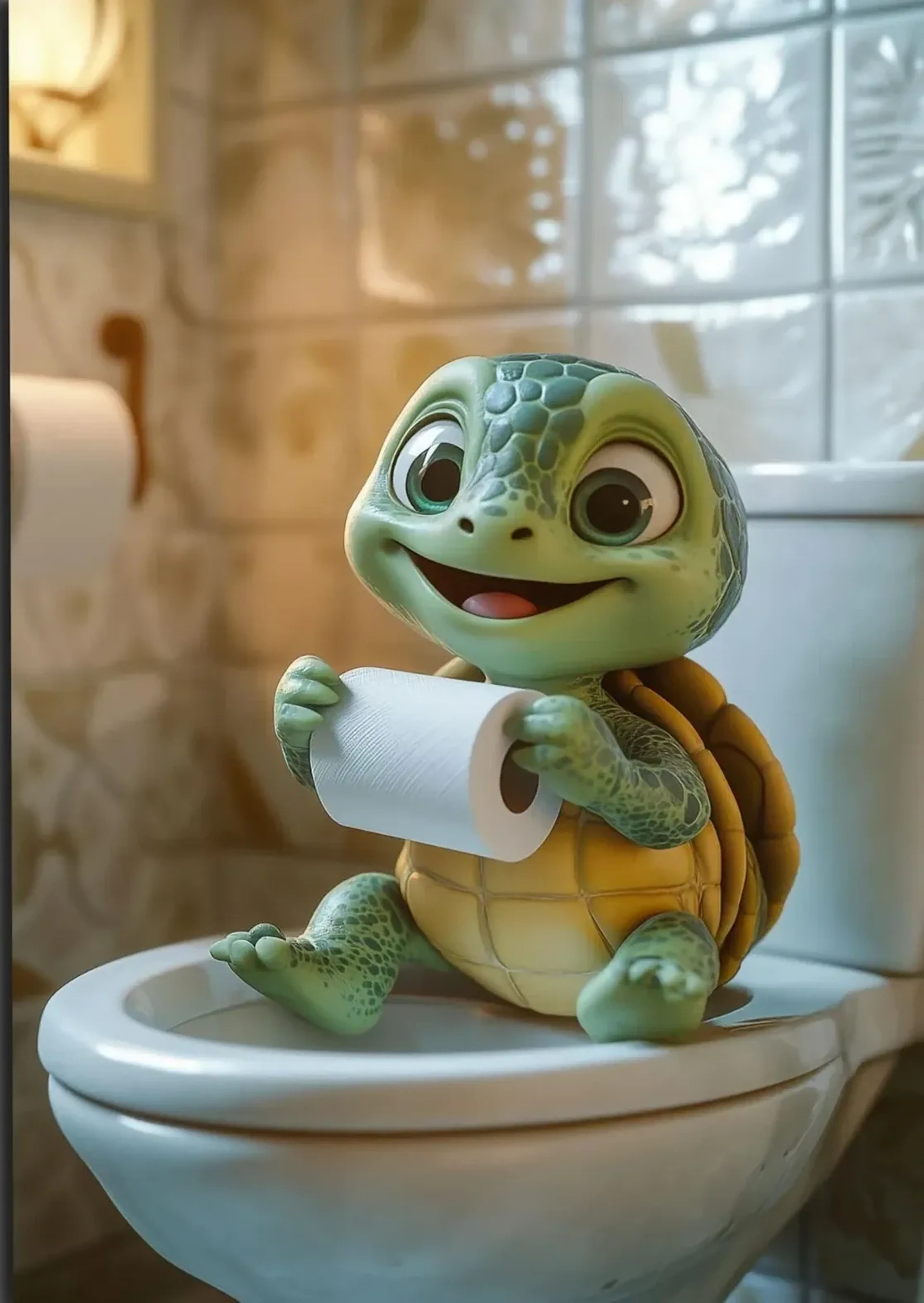 Schildkröte im Fliesenbad – Motiv als Wandbild auf Holz