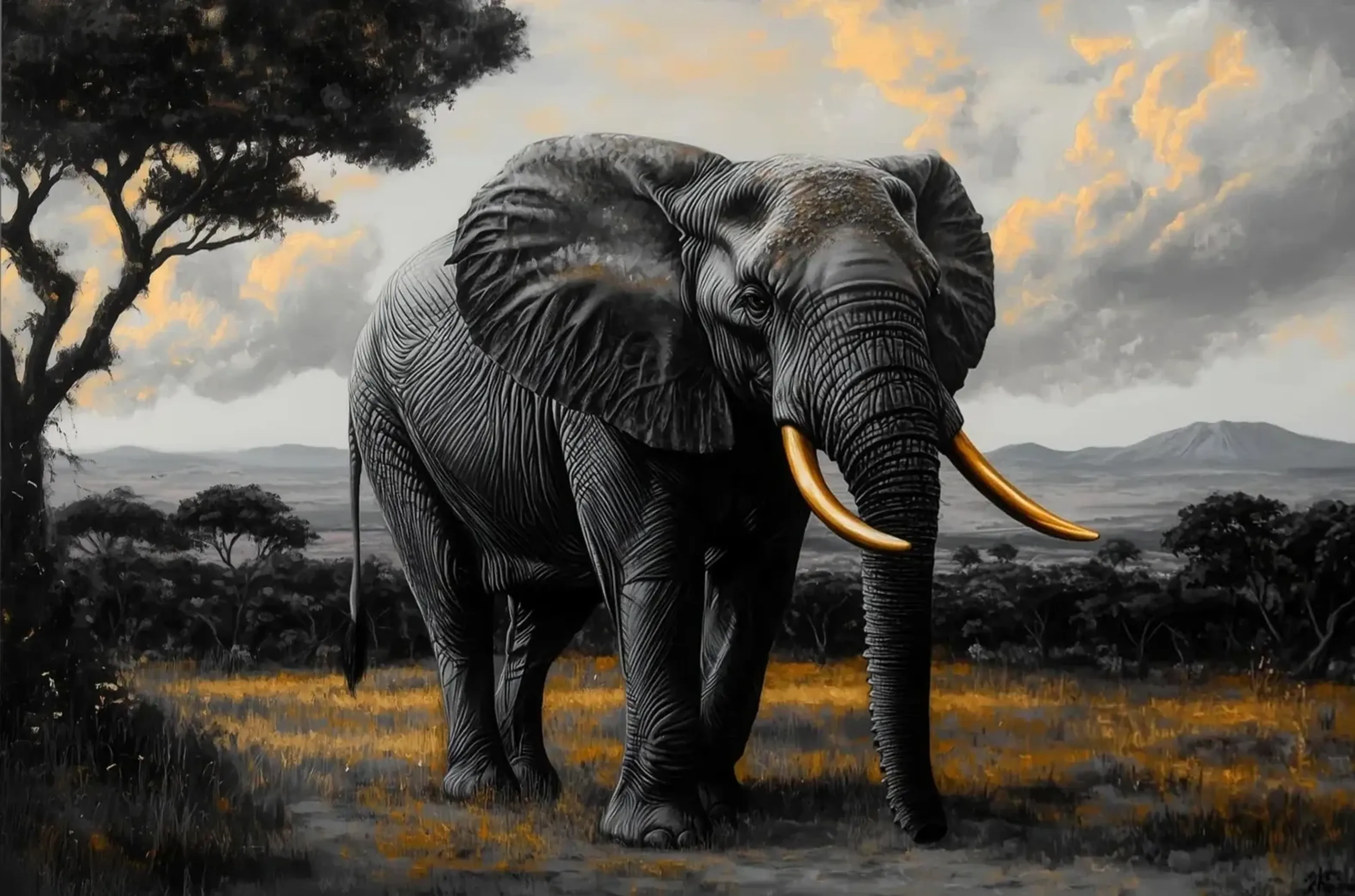 Elefant im goldenen Licht – Motiv als Wandbild auf Holz