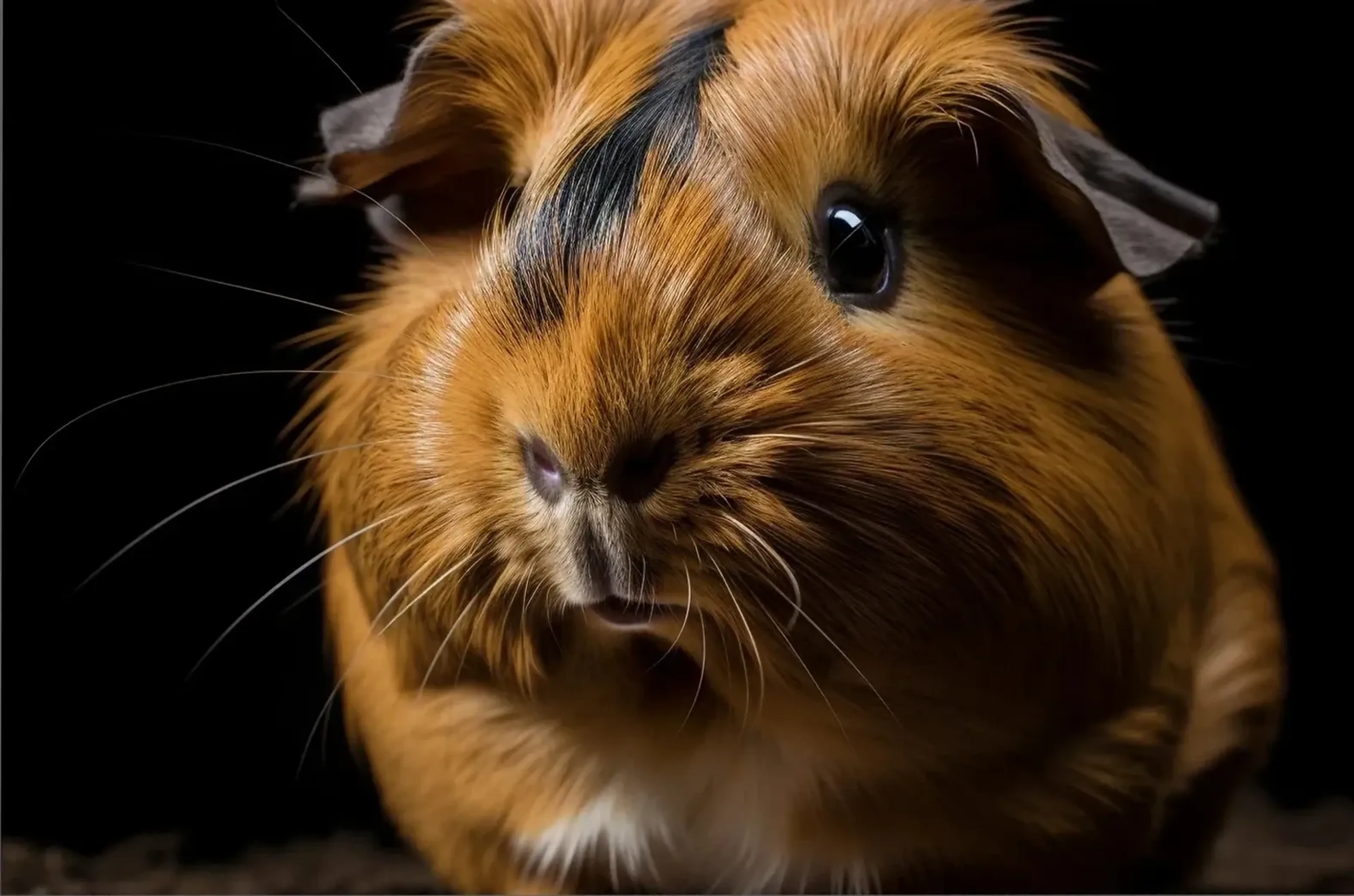 Goldbraunes Meerschweinchen mit dunklen Fellsträhnen und langen Schnurrhaaren vor schwarzem Hintergrund.