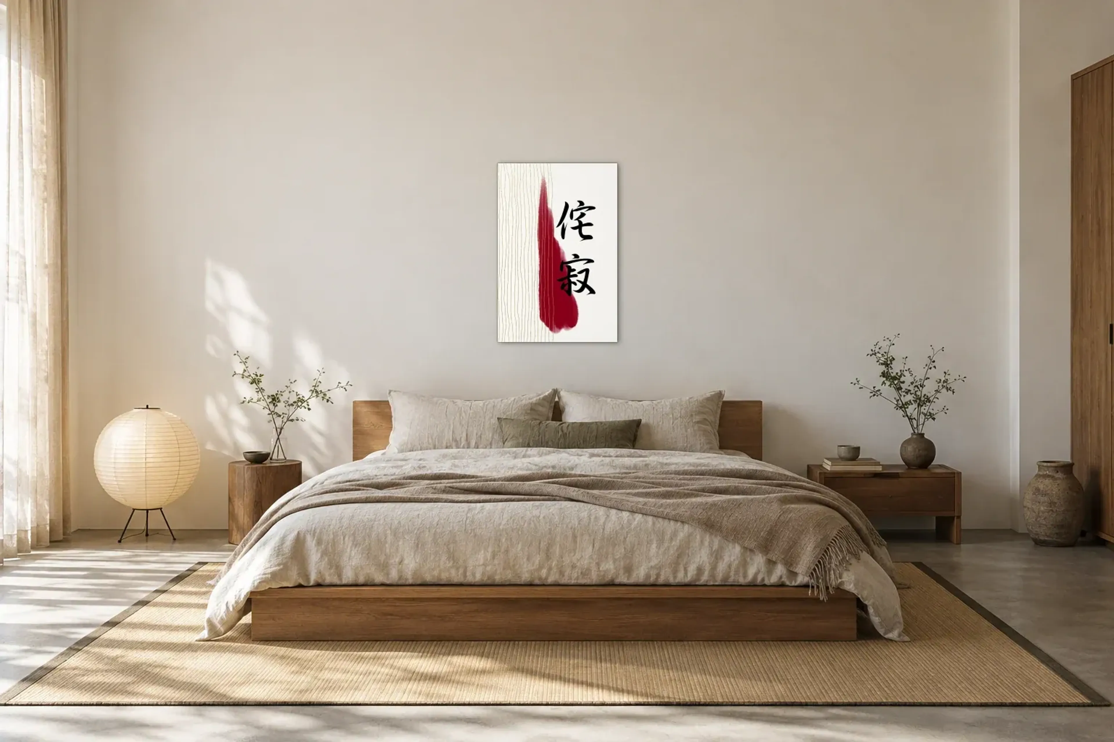 Schriftzeichen an goldenen Linien als Wandbild über einem 180-cm-Bett