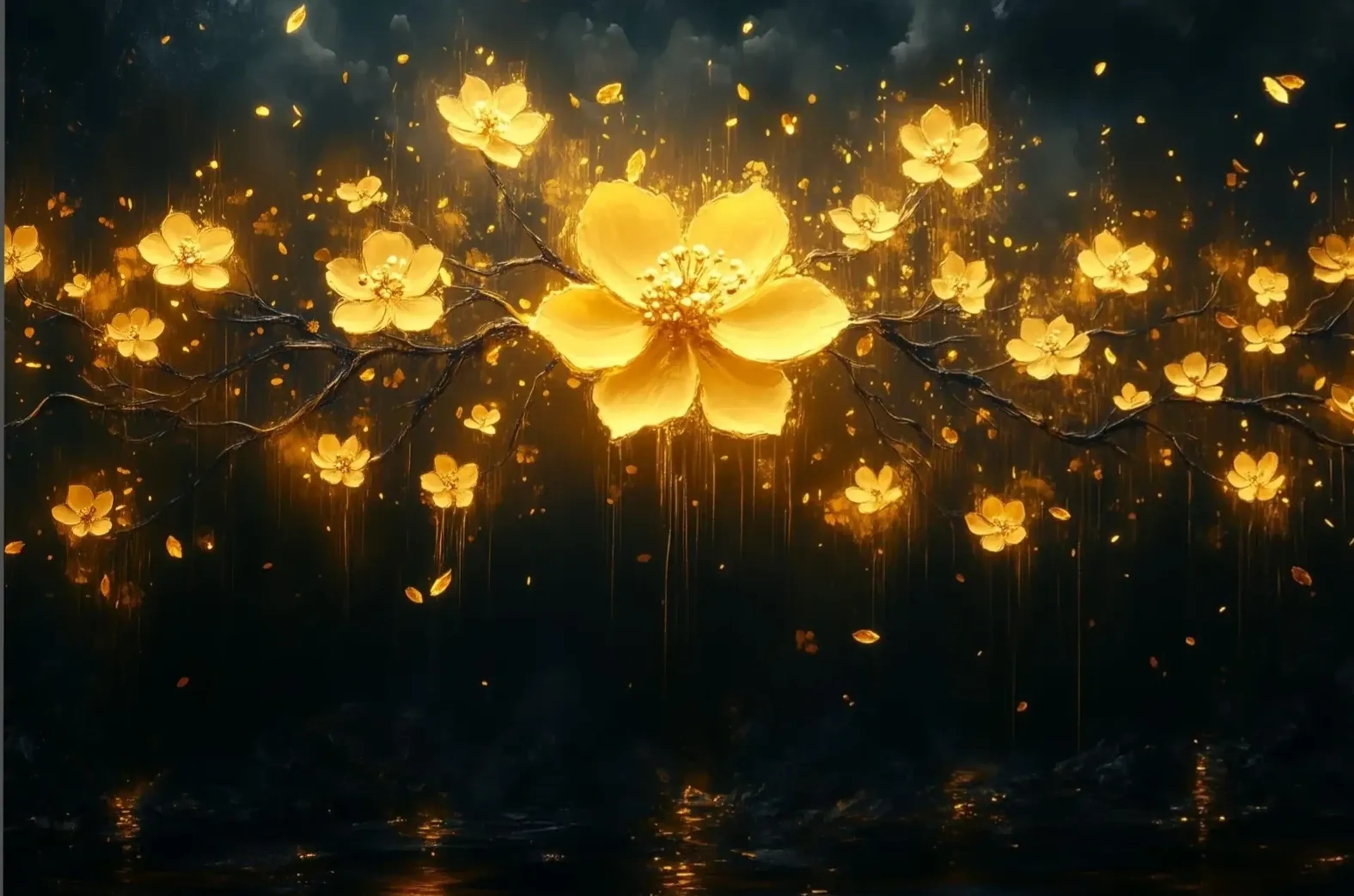 Eine große goldgelbe Blüte und kleinere Blüten leuchten an dunklen Zweigen vor fast schwarzem Hintergrund.