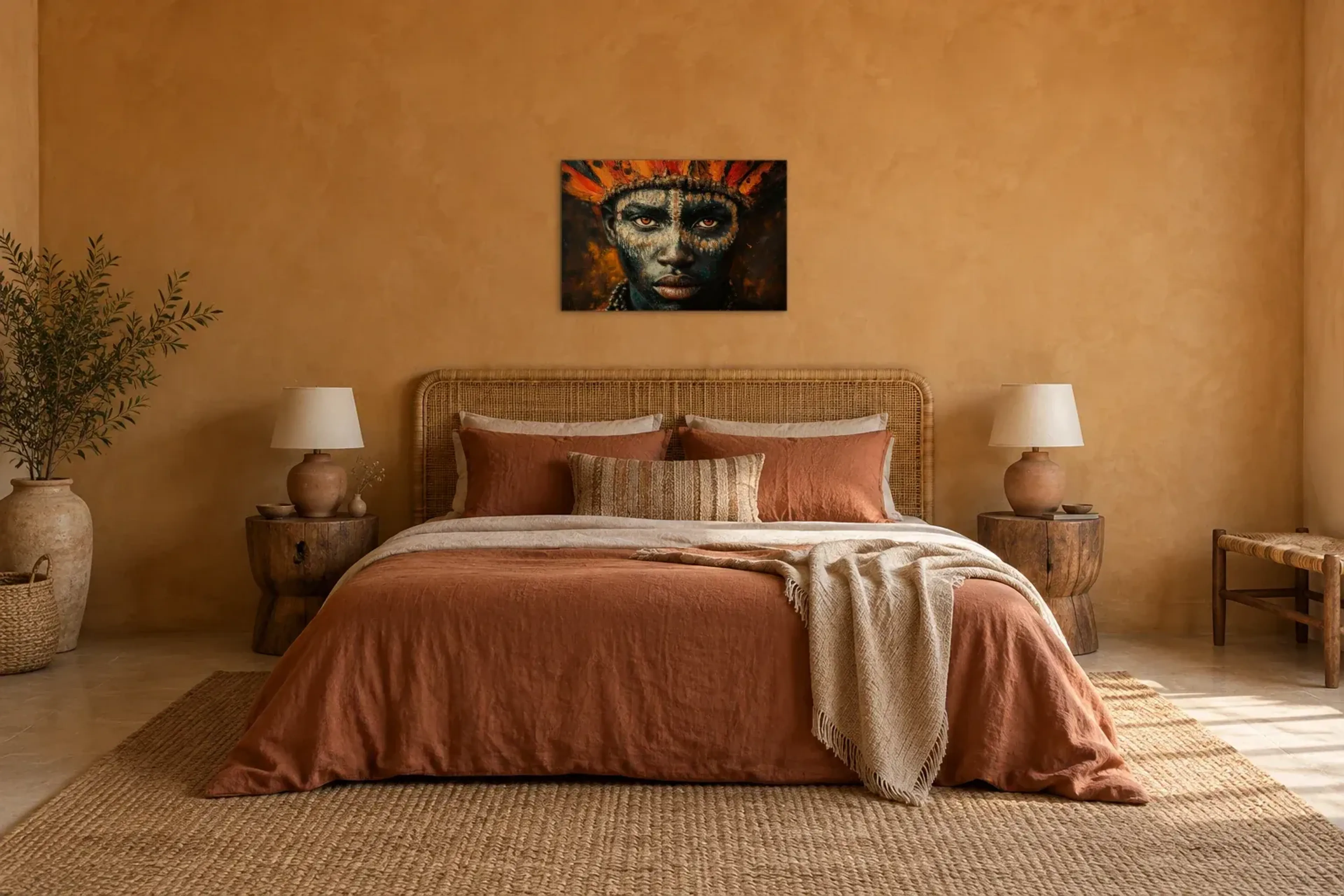 Porträt mit Federschmuck als Wandbild über einem 180-cm-Bett