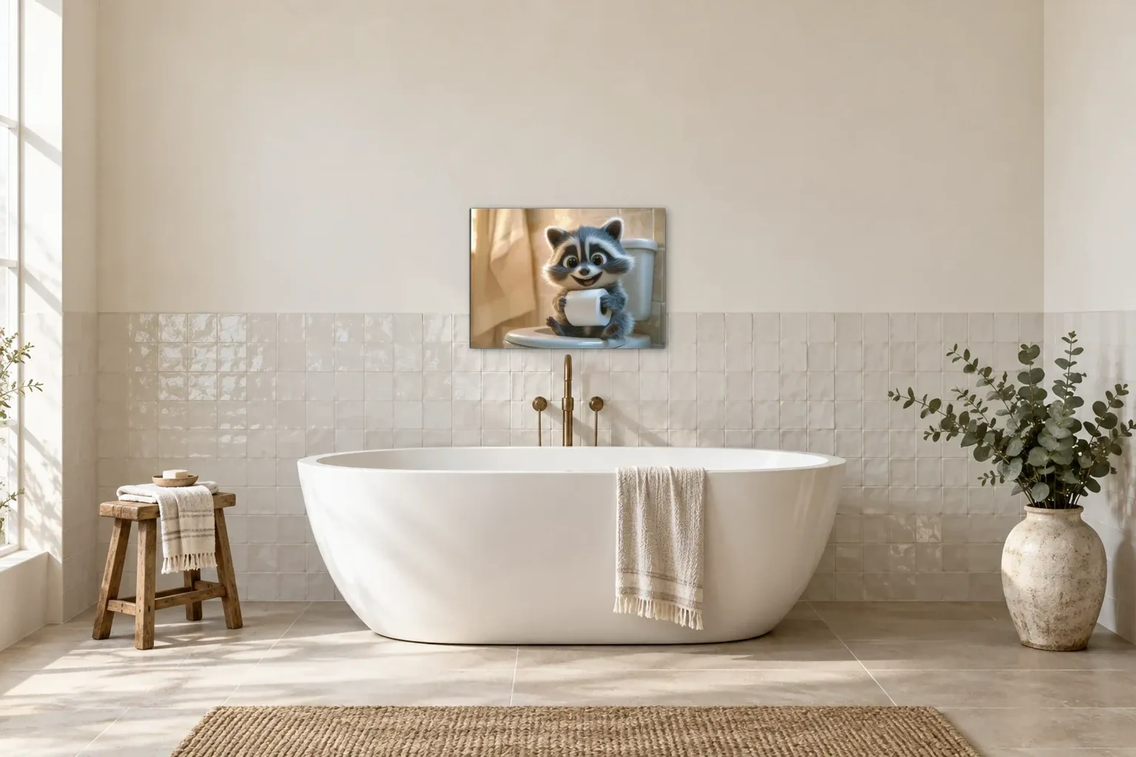 Waschbär mit Klorolle als Wandbild über einer 170-cm-Badewanne