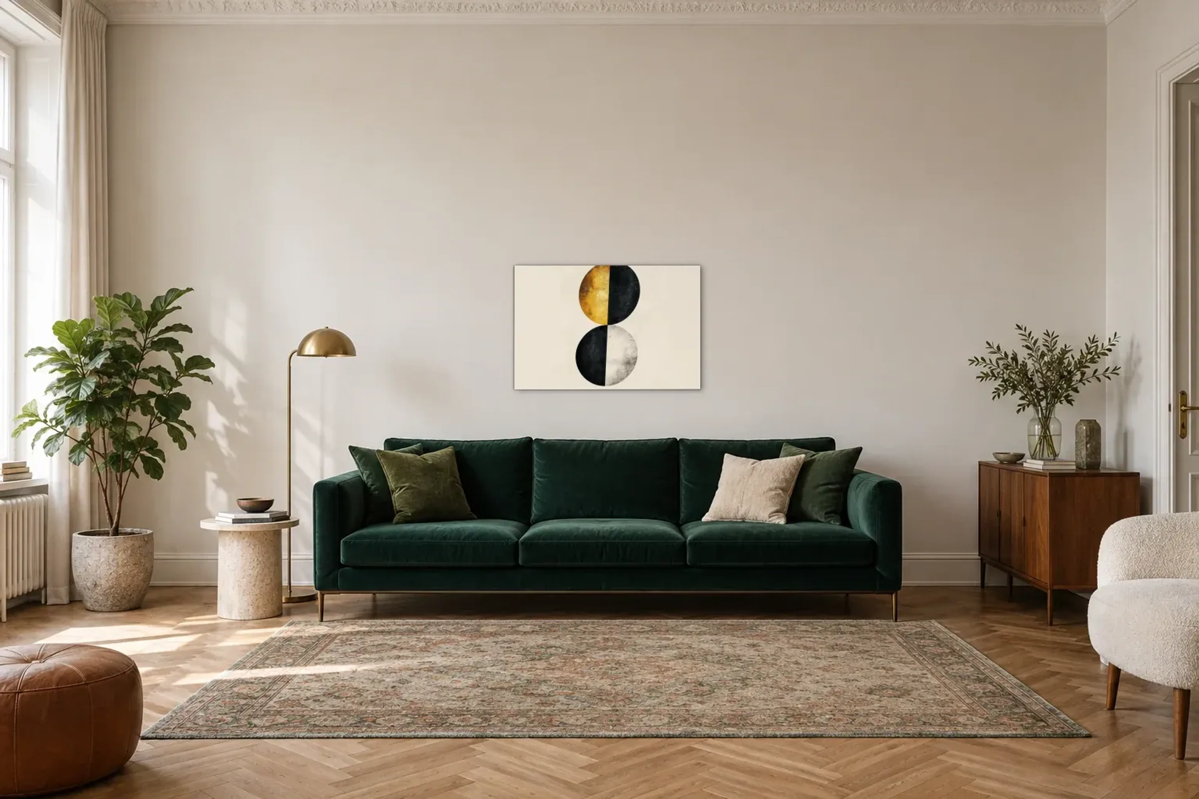 Zwei geteilte Kreise als Wandbild über einem 220-cm-Sofa