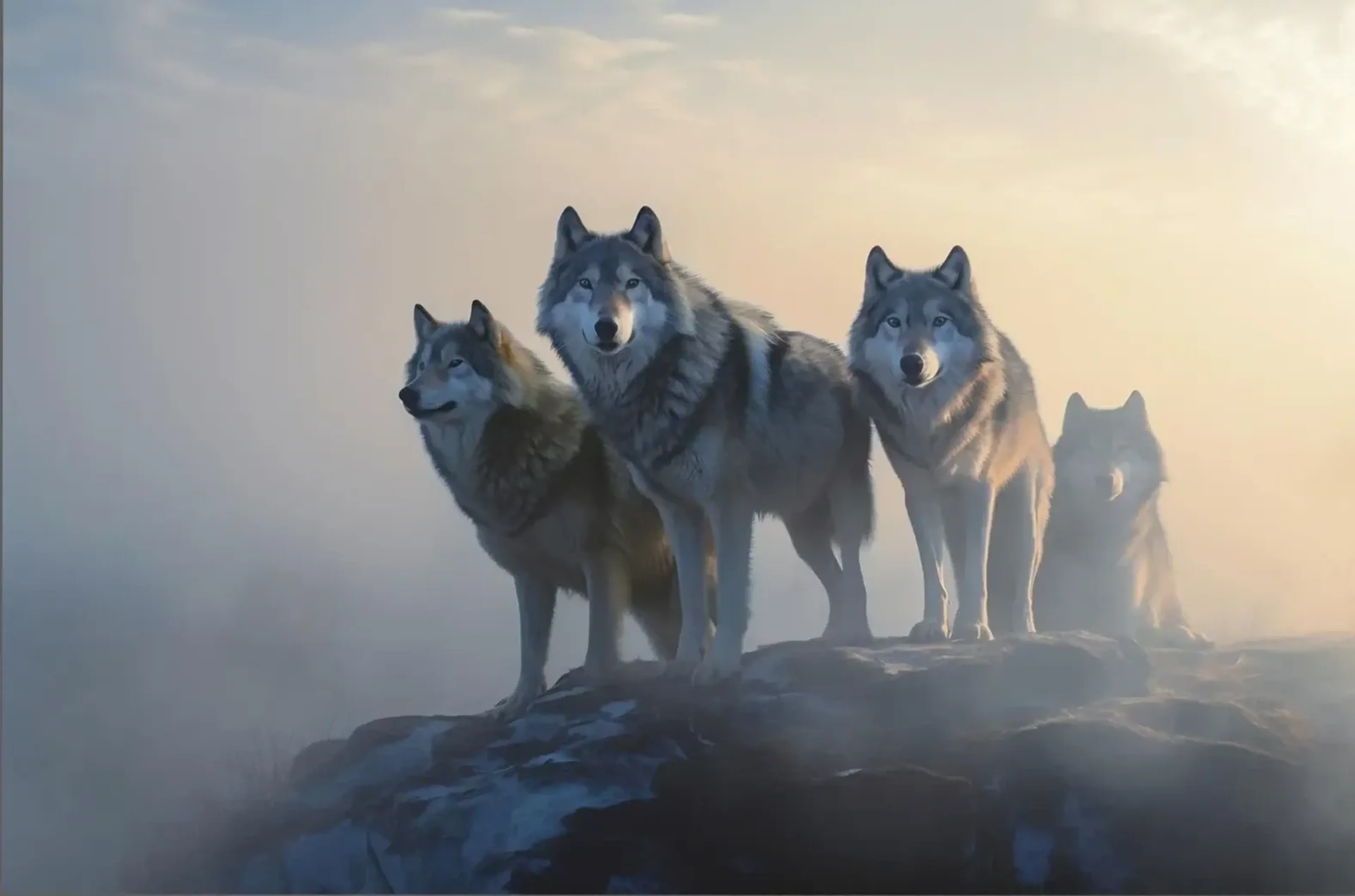 Vier Wölfe stehen auf einem teils verschneiten Felsen in blaugrauem Nebel und seitlichem goldenem Licht.