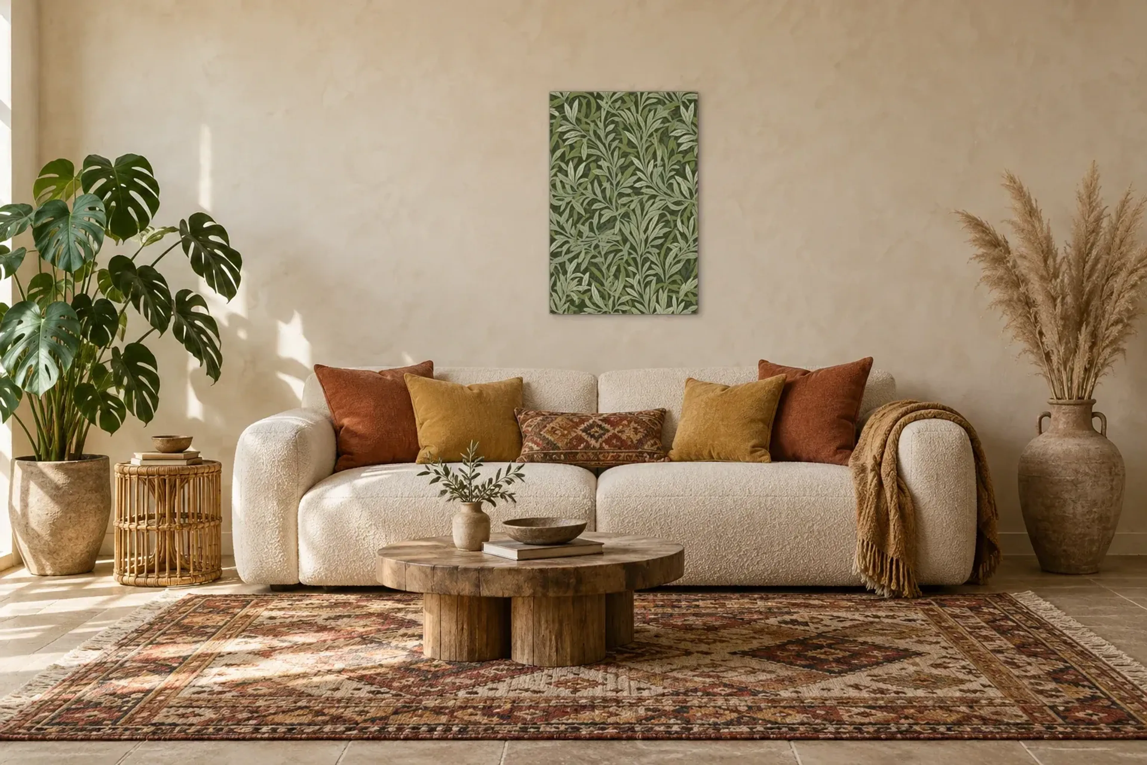 Blattwerk in Grün als Wandbild über einem 220-cm-Sofa