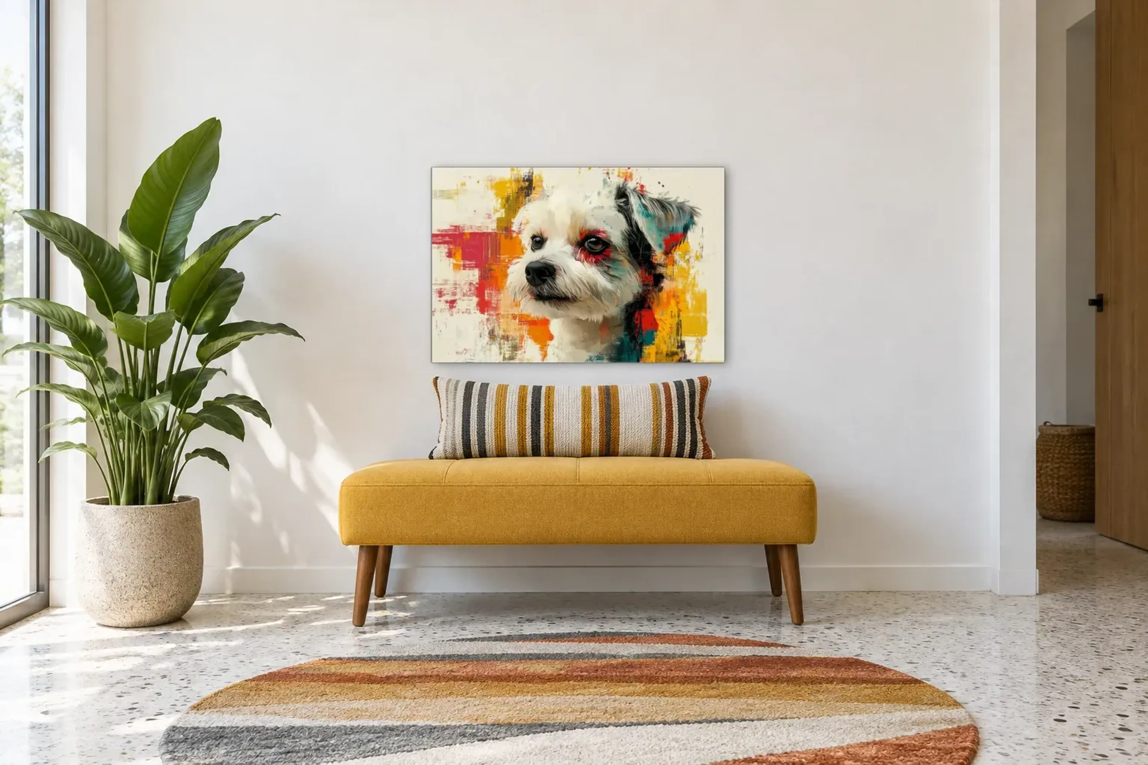 Malteser in bunten Pinselspuren als Wandbild über einer 120-cm-Bank