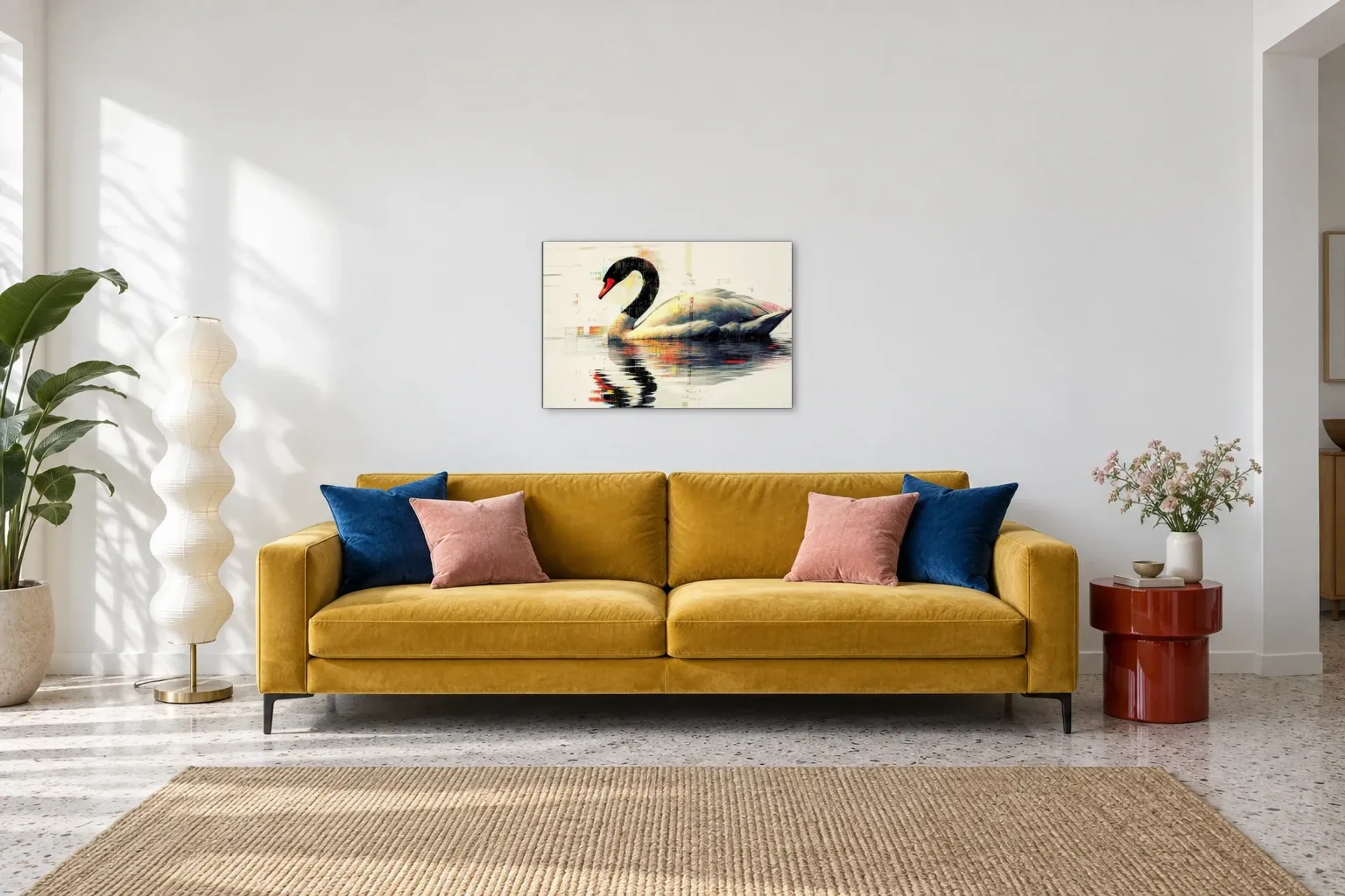 Schwan mit schwarzem Hals als Wandbild über einem 220-cm-Sofa