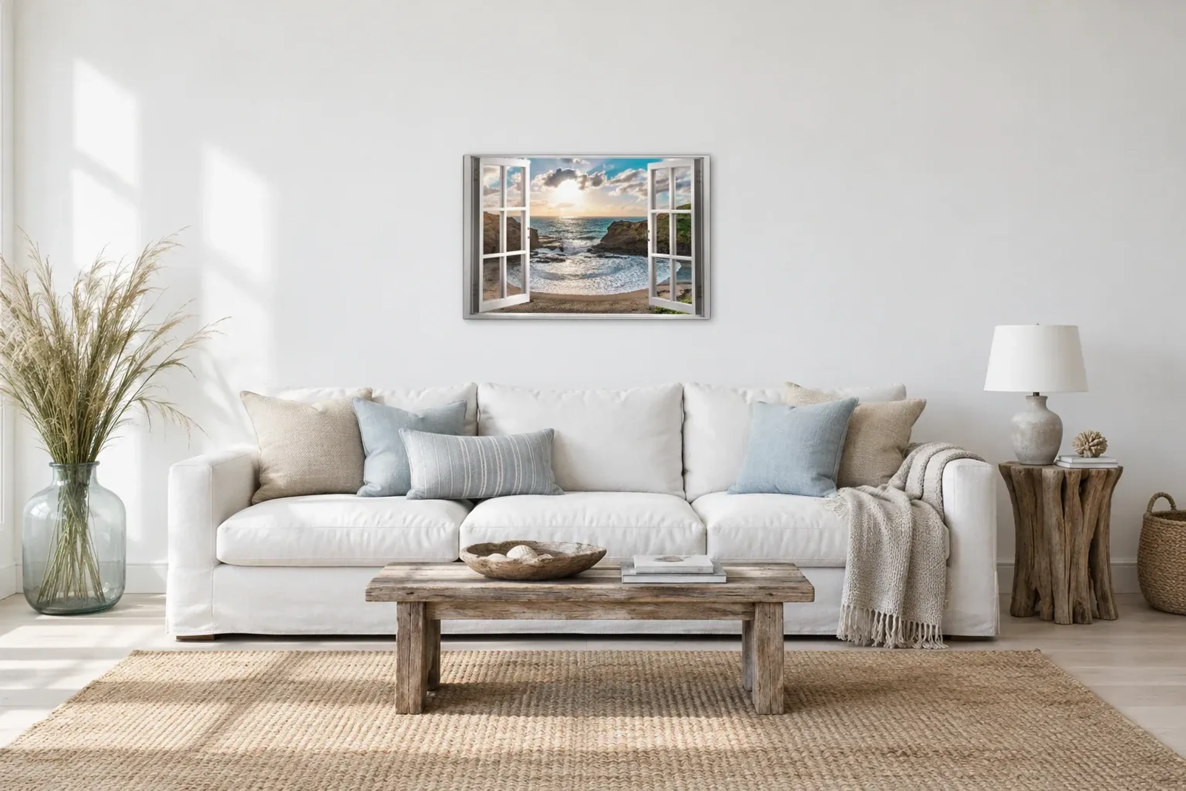Bucht im Abendlicht als Wandbild über einem 220-cm-Sofa