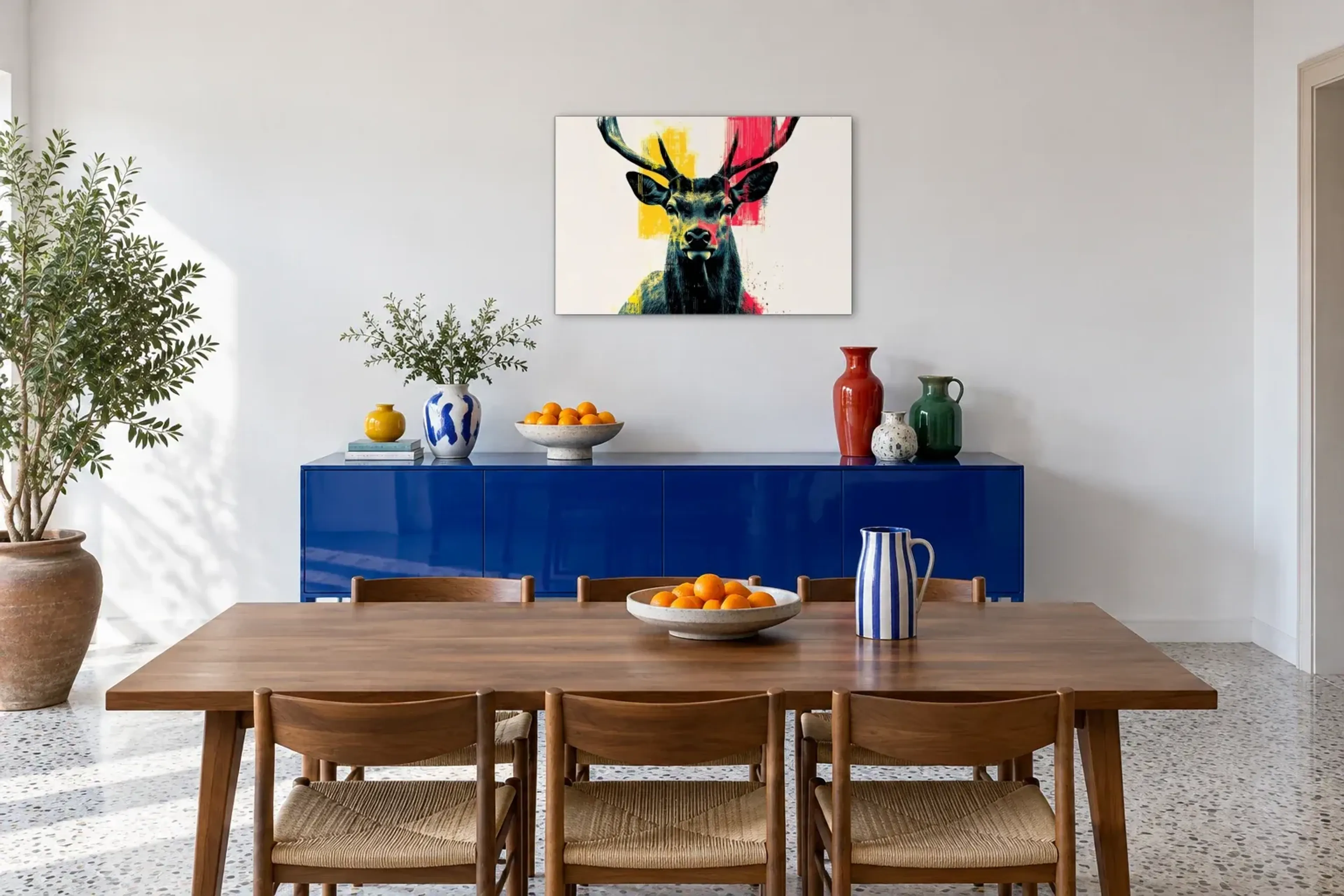 Hirsch in Gelb und Pink als Wandbild über einem 180-cm-Sideboard