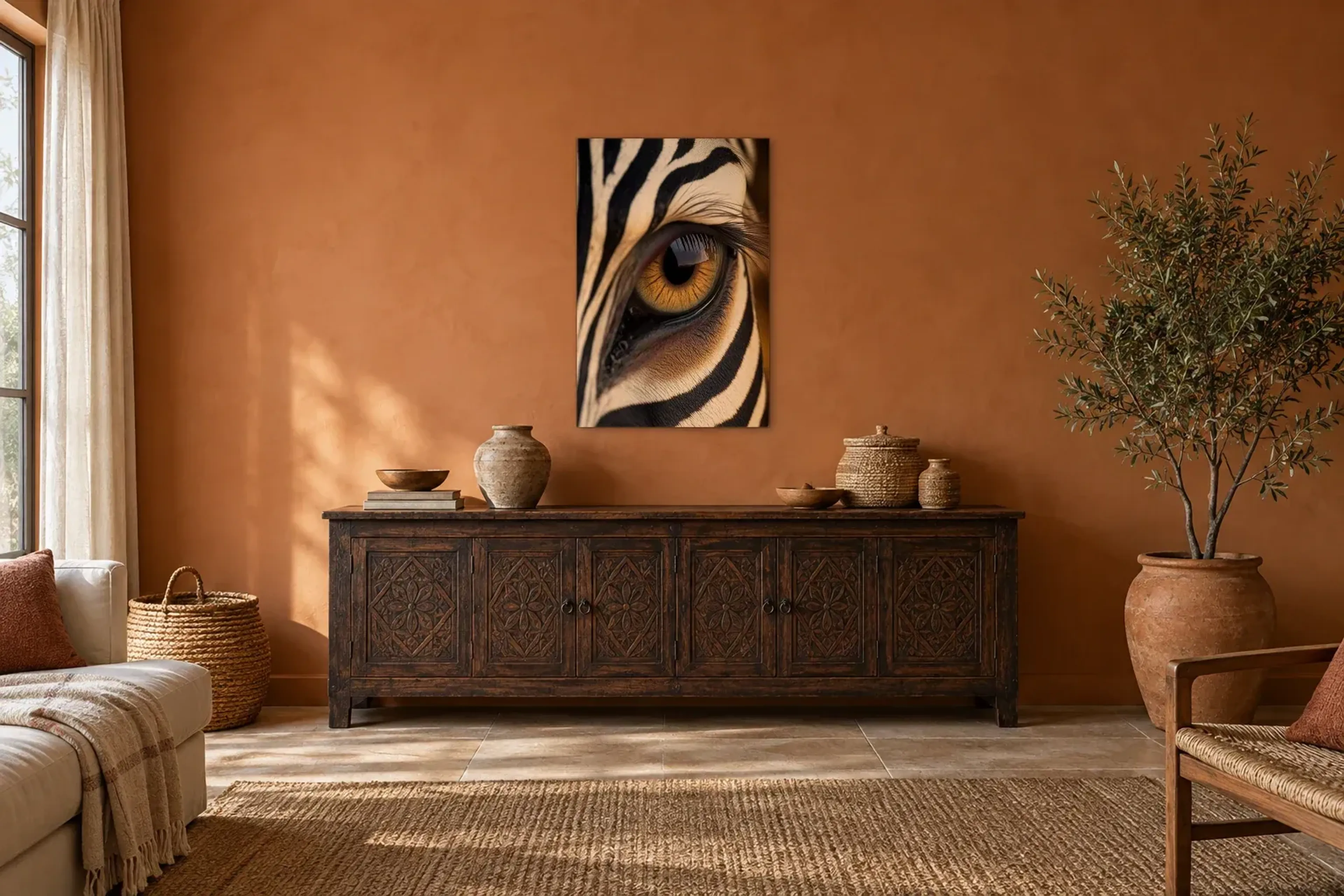 Zebraauge im Detail als Wandbild über einem 180-cm-Sideboard