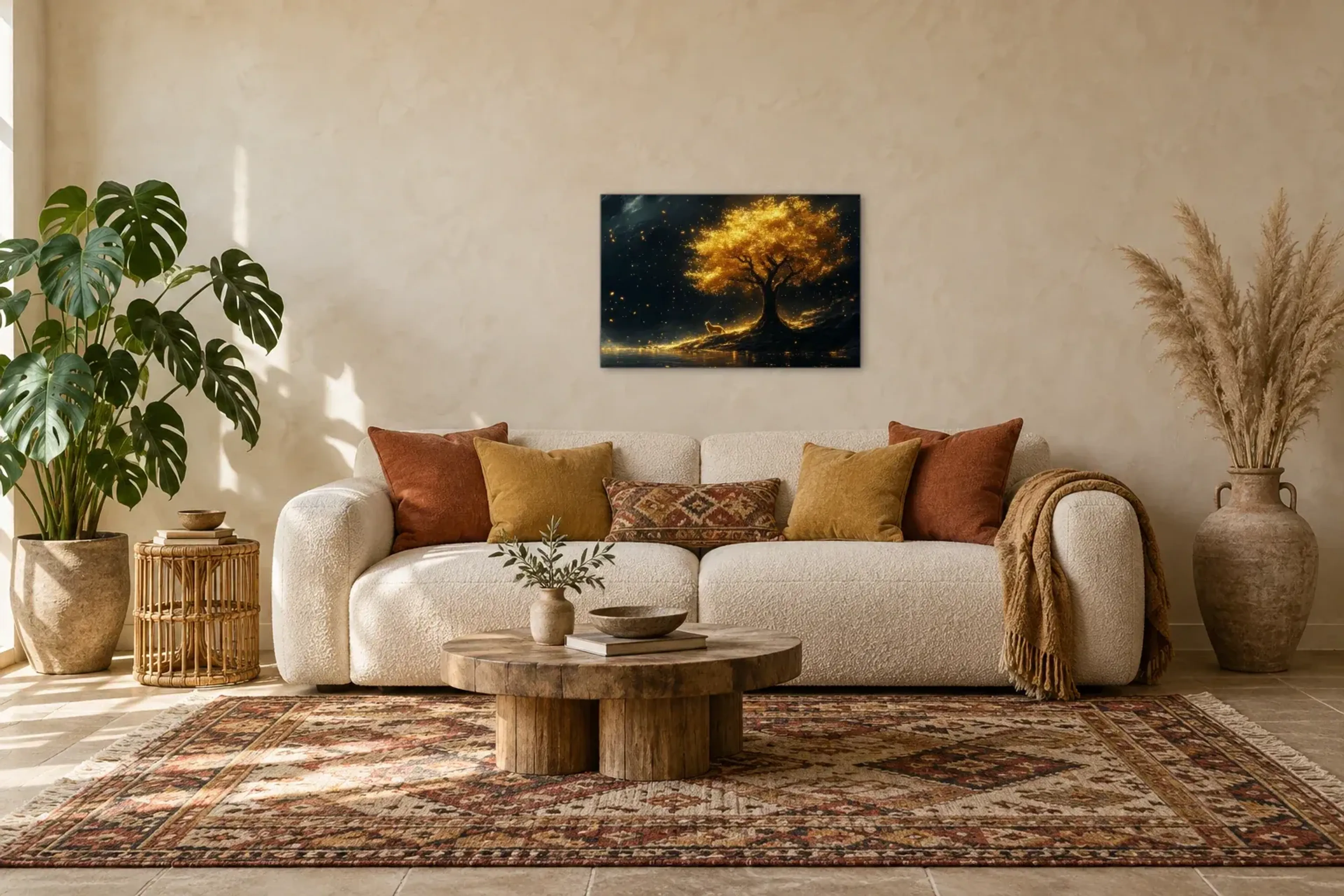 Fuchs unterm Goldbaum als Wandbild über einem 220-cm-Sofa