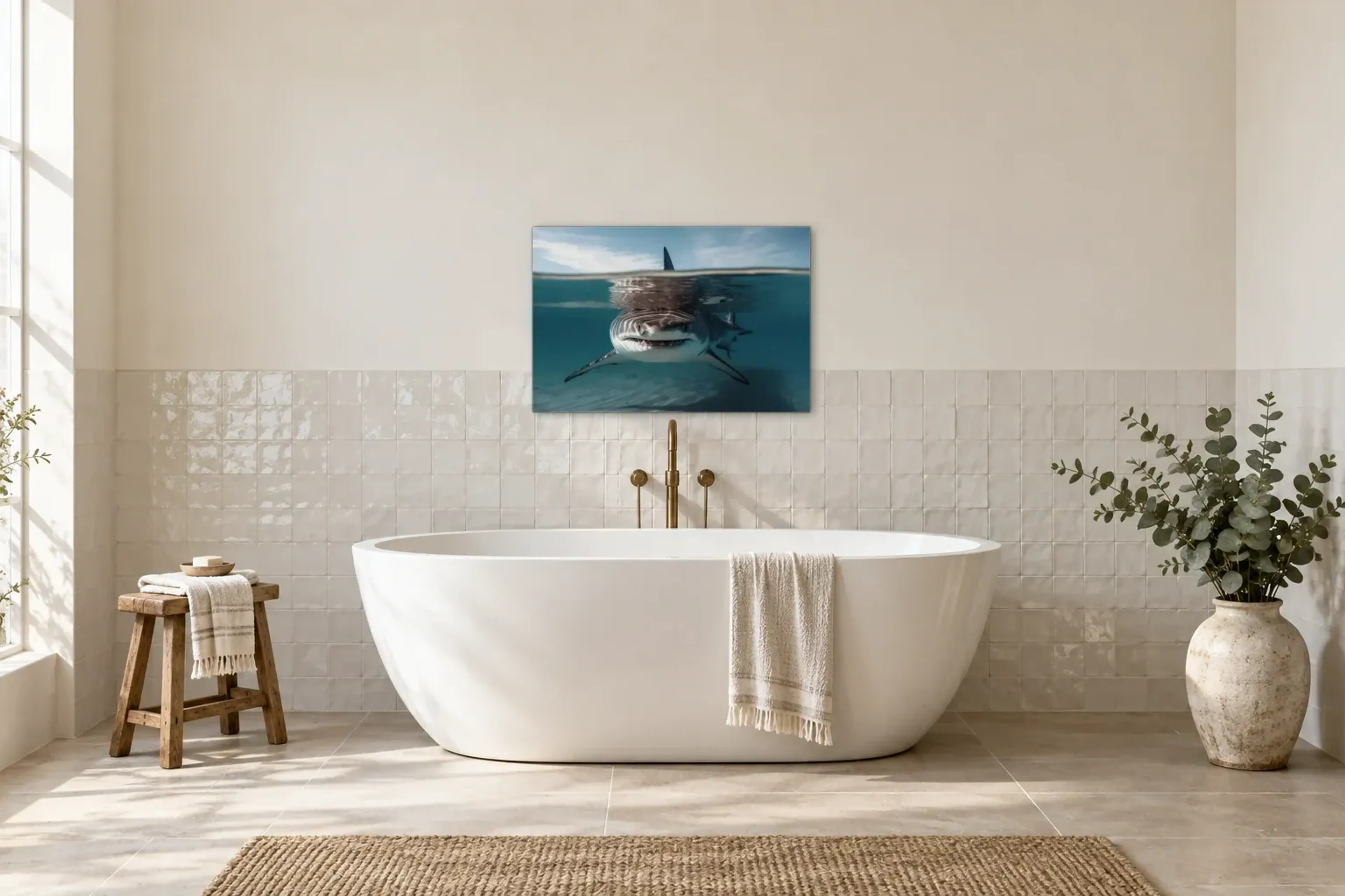 Weißer Hai als Wandbild über einer 170-cm-Badewanne