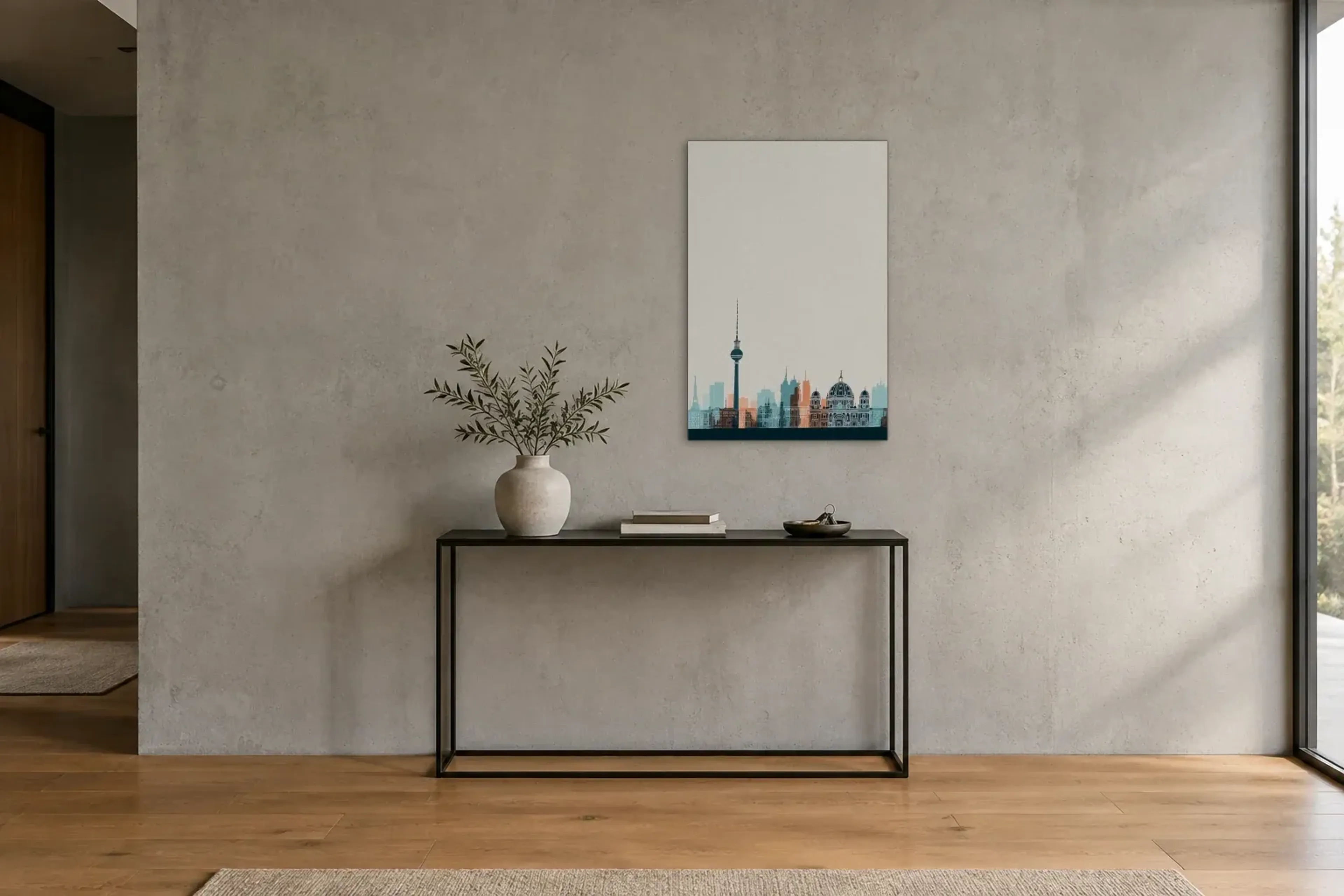 Berliner Skyline in Pastell als Wandbild über einer 120-cm-Konsole