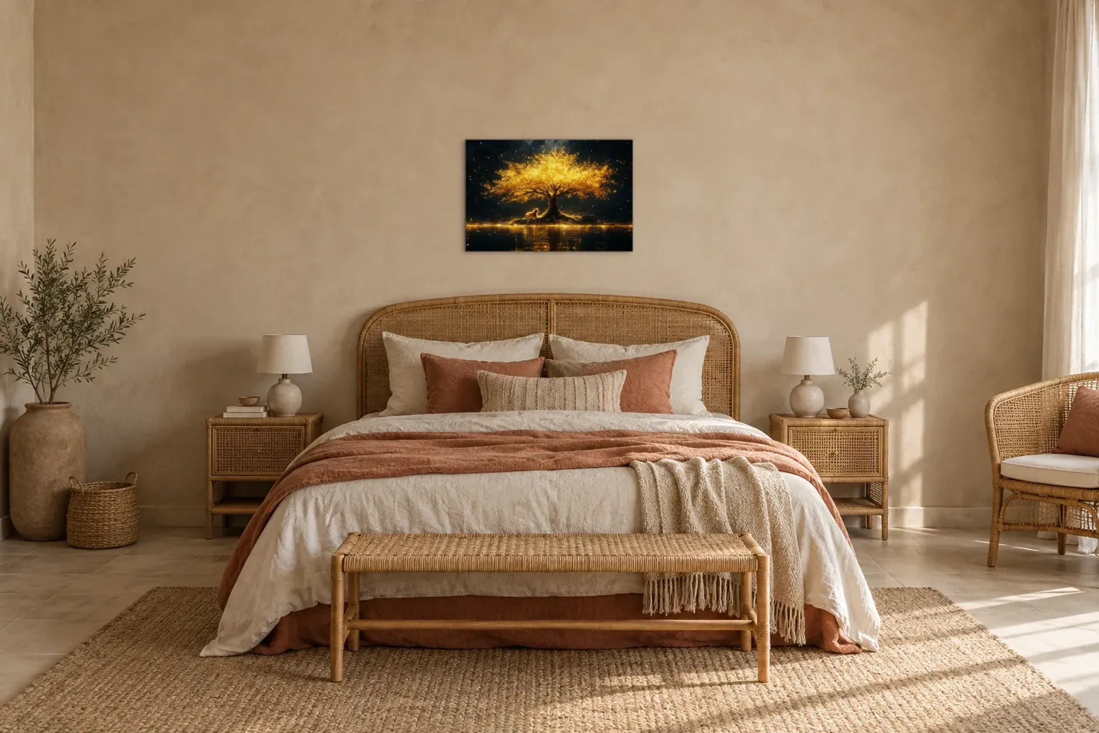 Löwenbaum als Wandbild über einem 180-cm-Bett
