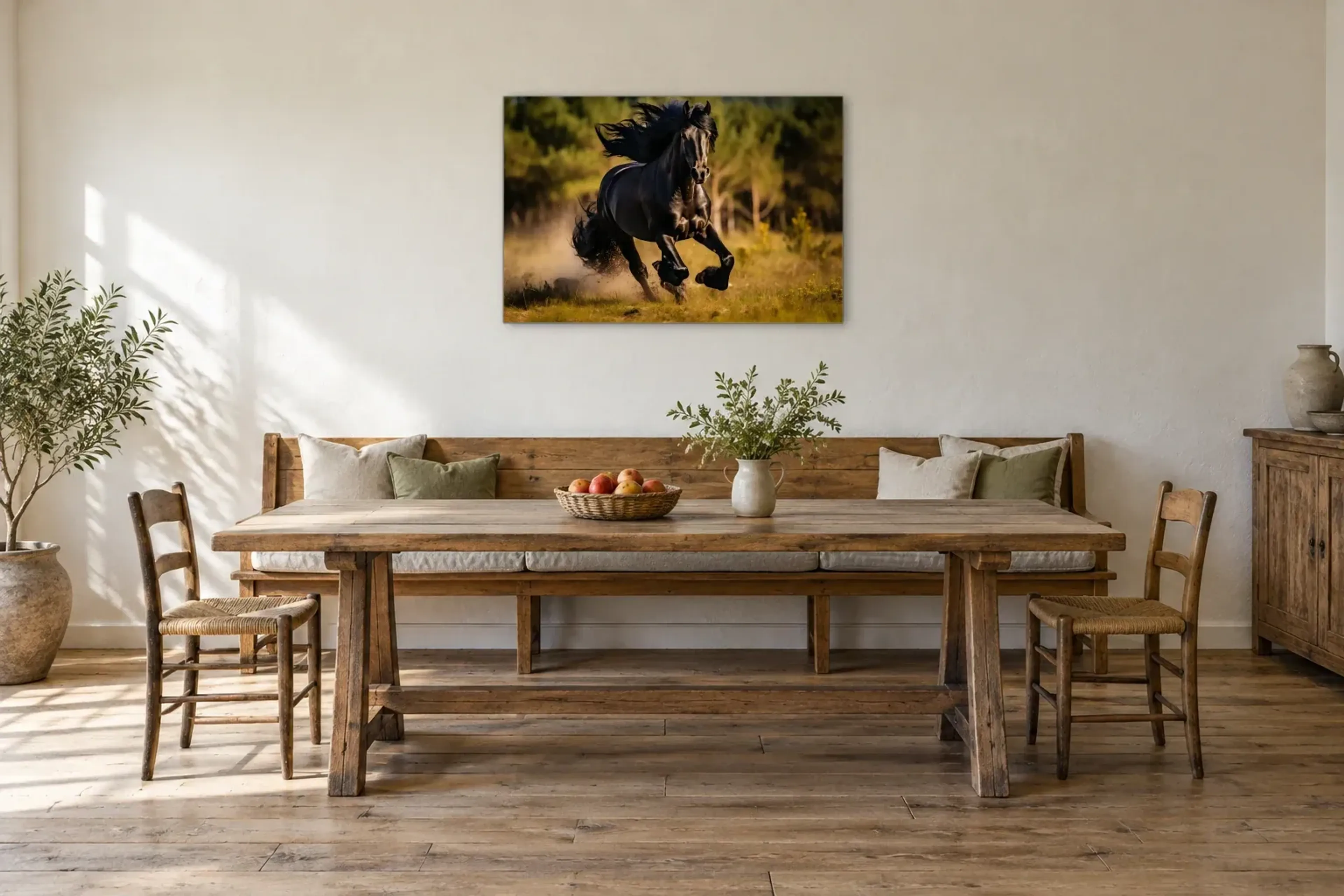 Schwarzes Pferd im Galopp als Wandbild über einer 200-cm-Sitzbank