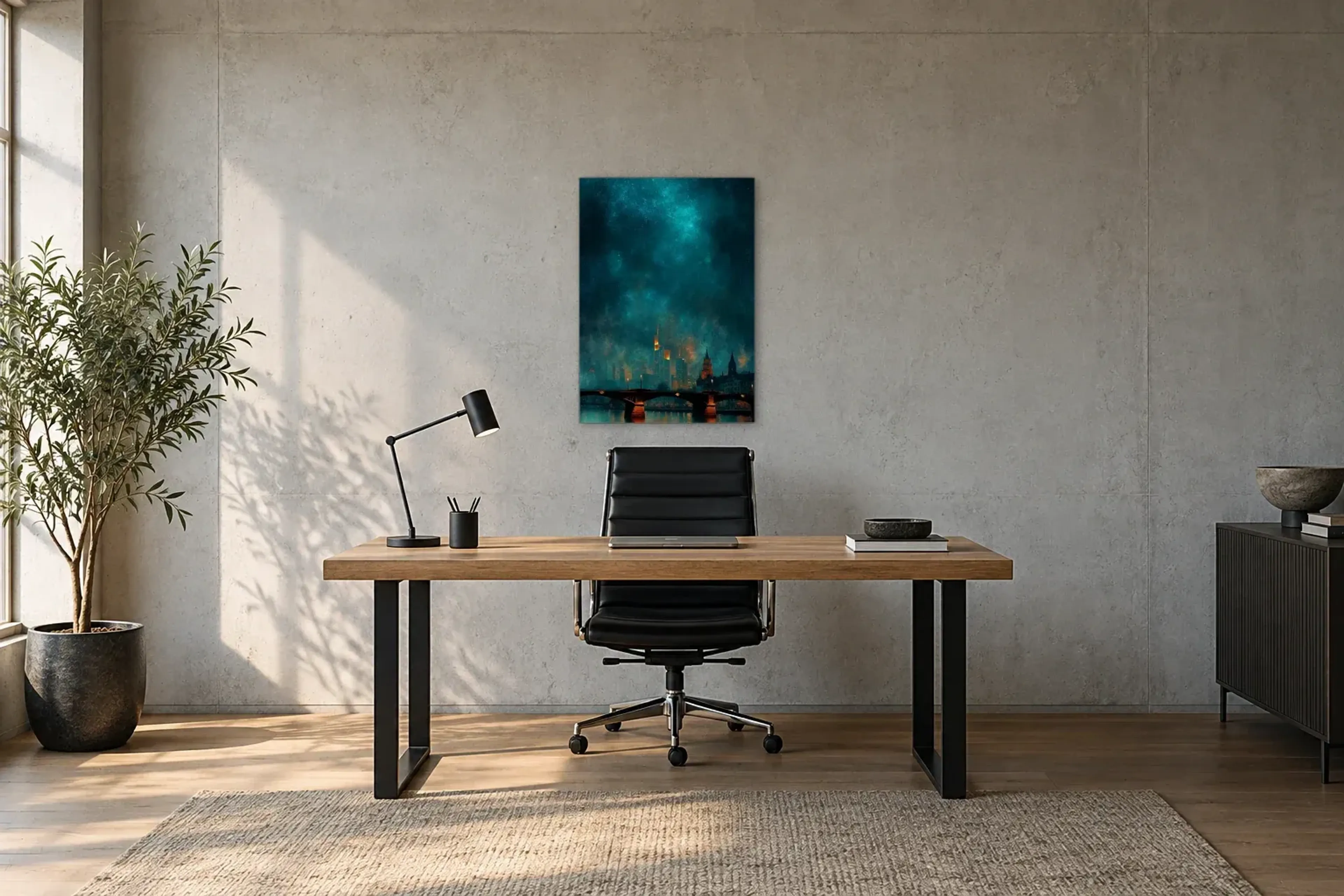Frankfurt unter weitem Nachthimmel als Wandbild über einem 160-cm-Schreibtisch