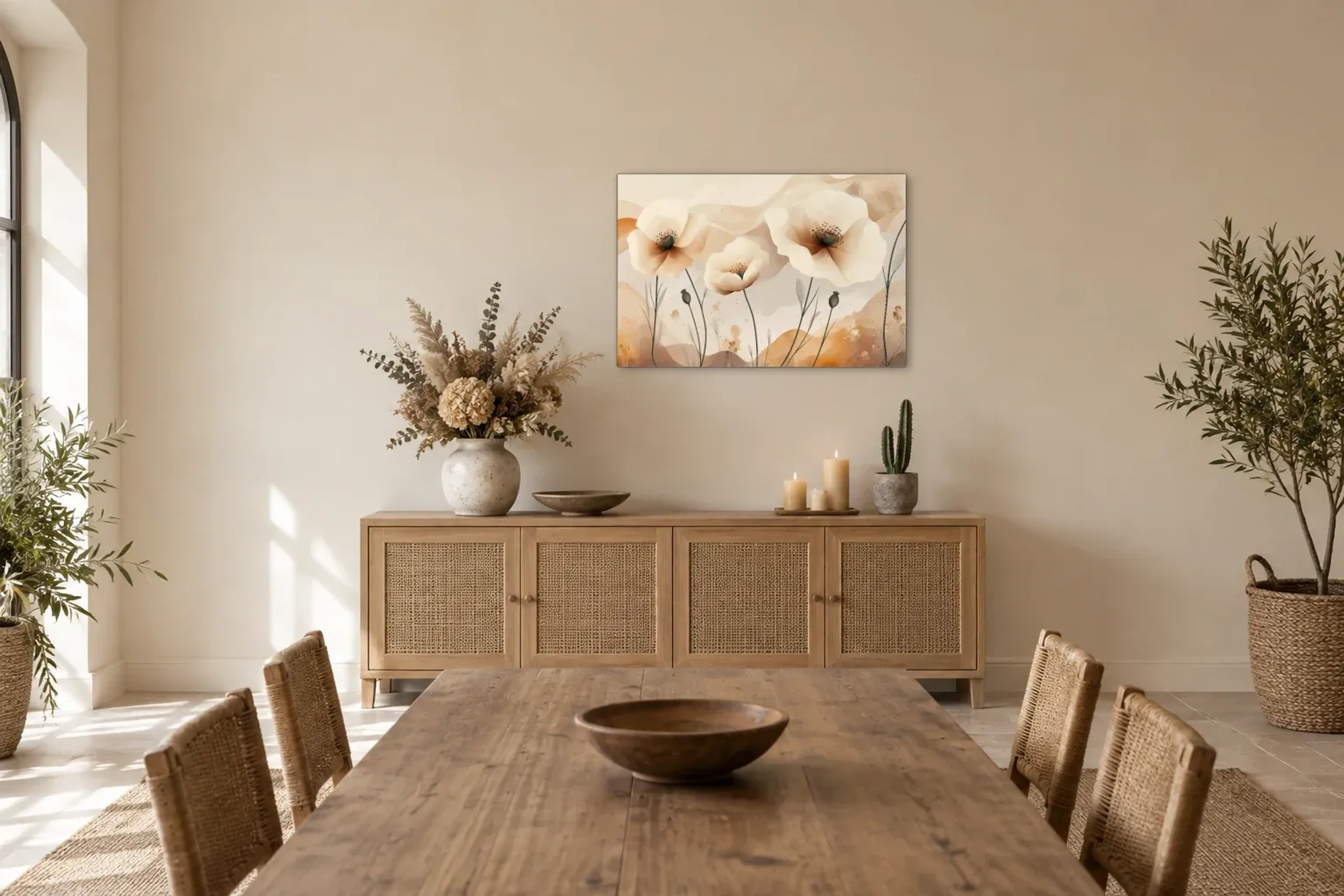 Blumen Boho als Wandbild über einem 160-cm-Sideboard