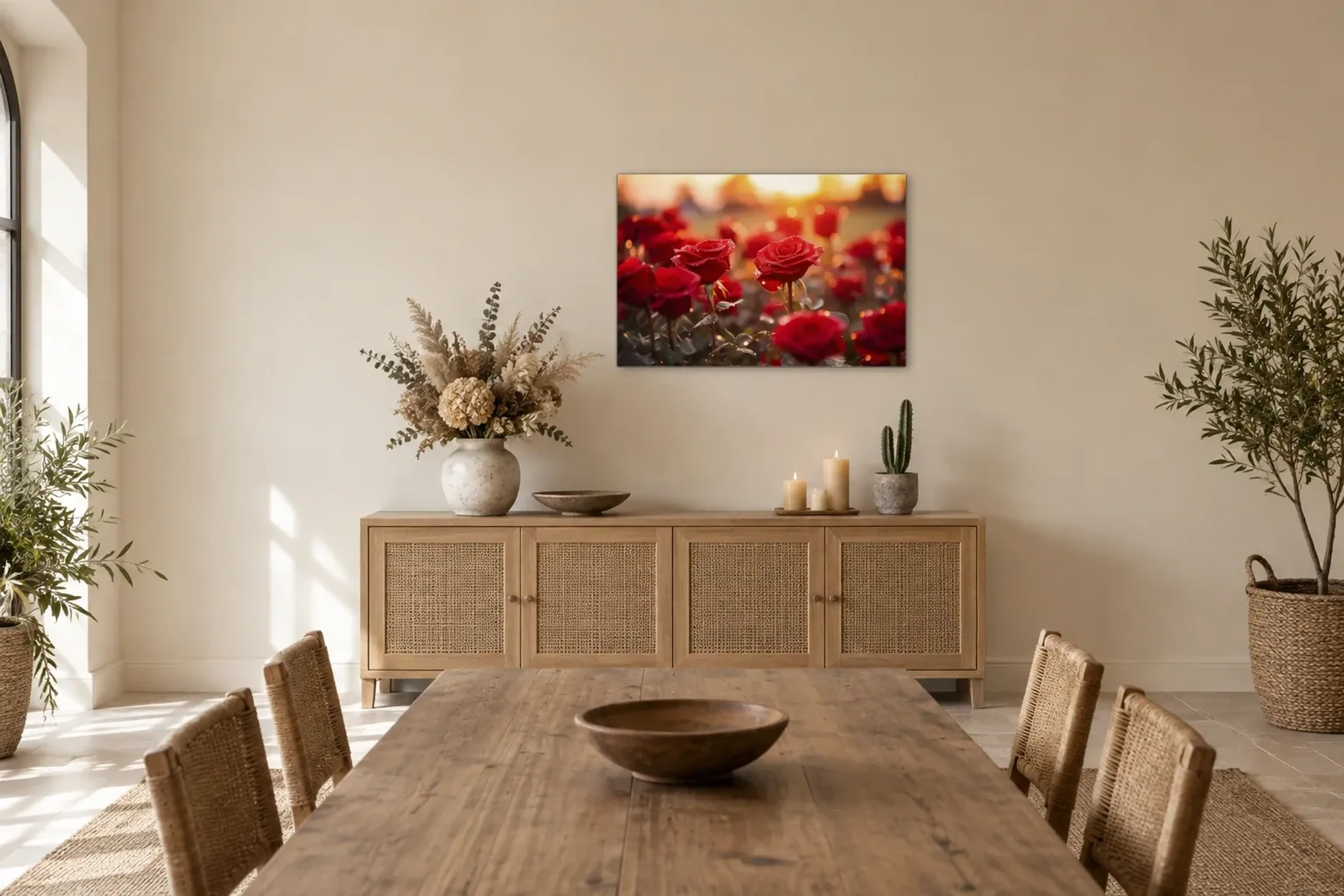 Rote Rosen im Licht als Wandbild über einem 160-cm-Sideboard