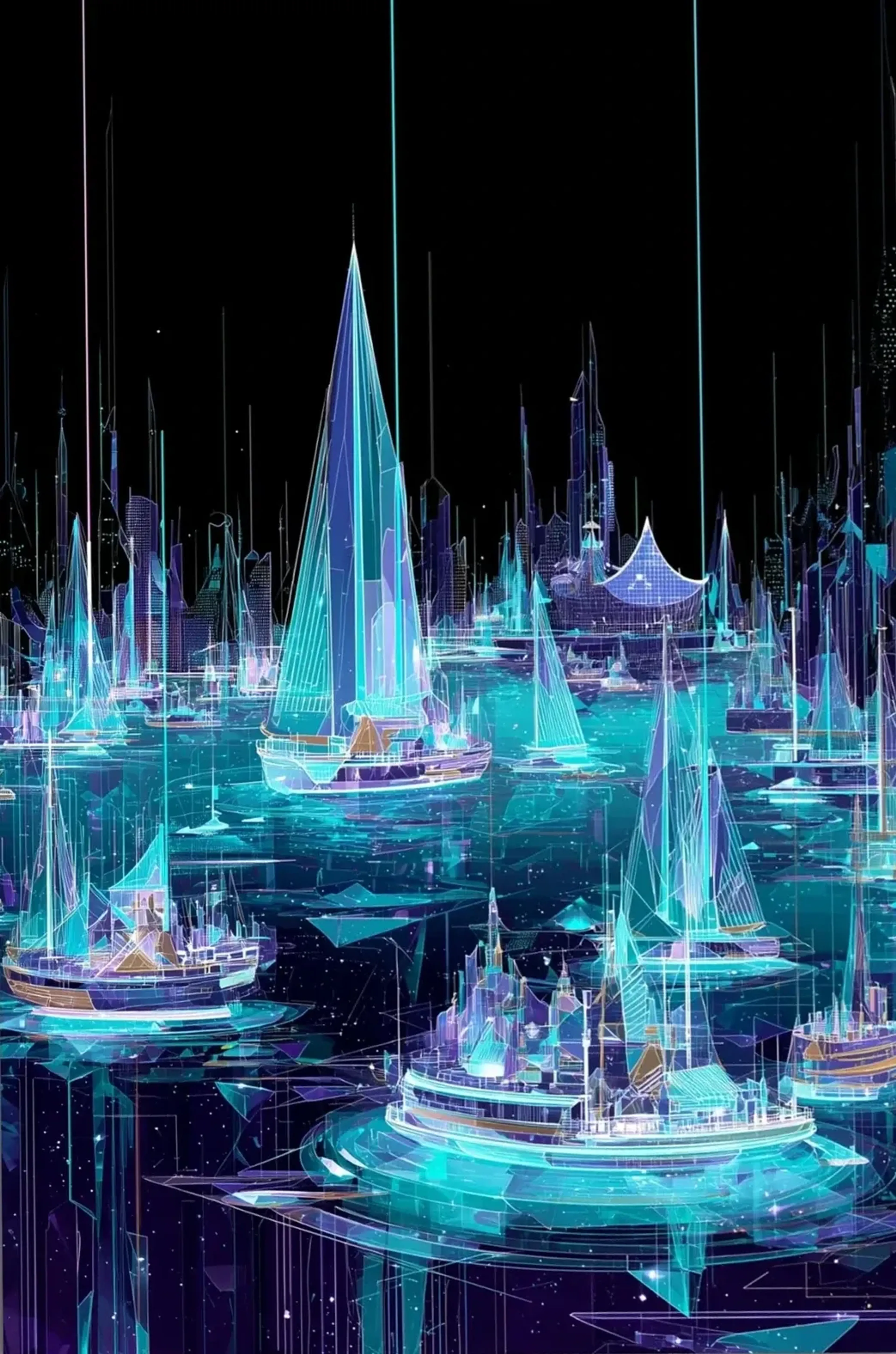 Türkise und violette Lichtlinien formen Segelboote, Schiffe und eine Hafenkulisse vor schwarzem Hintergrund.