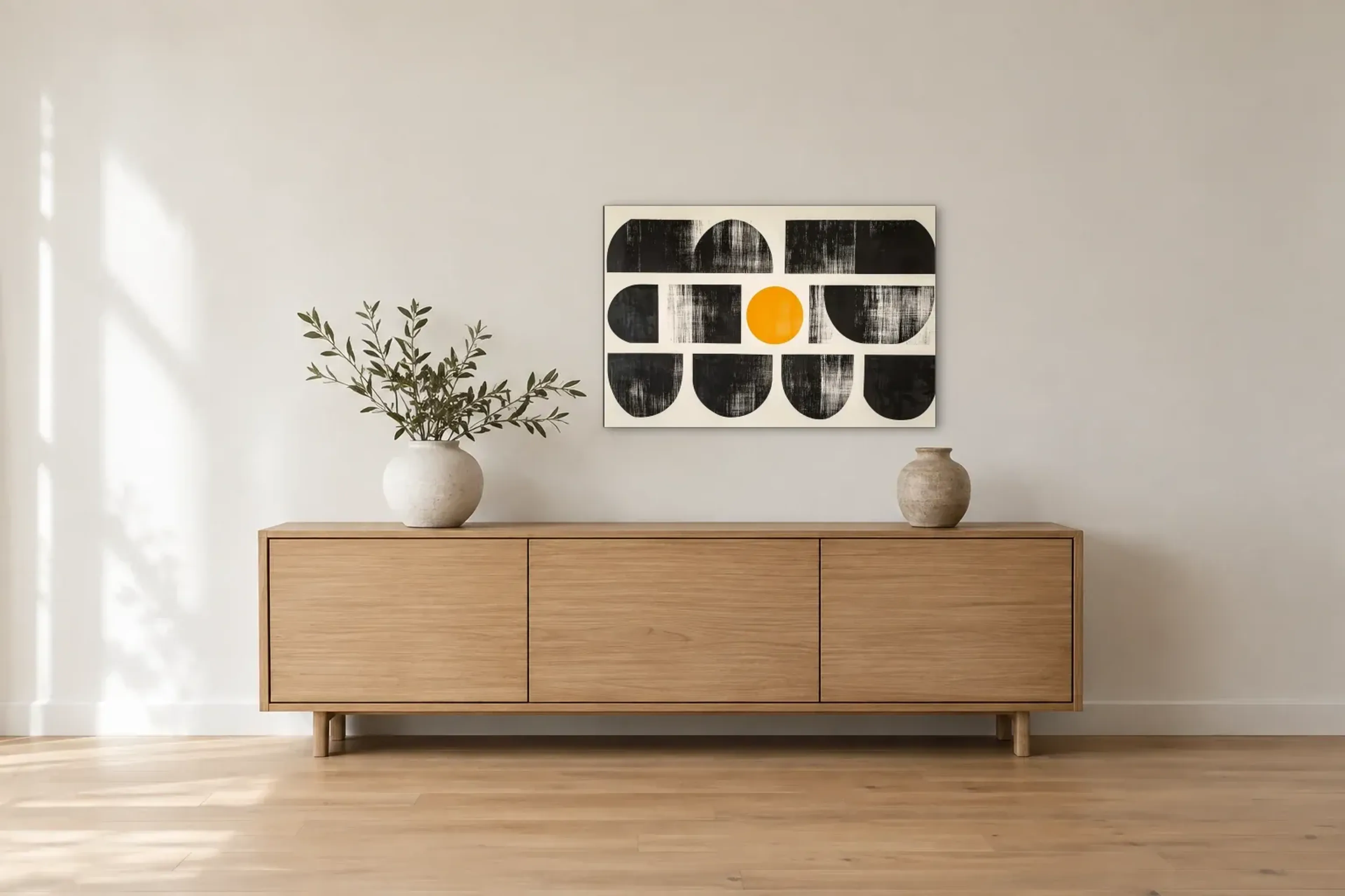 Formenspiel mit gelbem Kreis als Wandbild über einem 180-cm-Sideboard