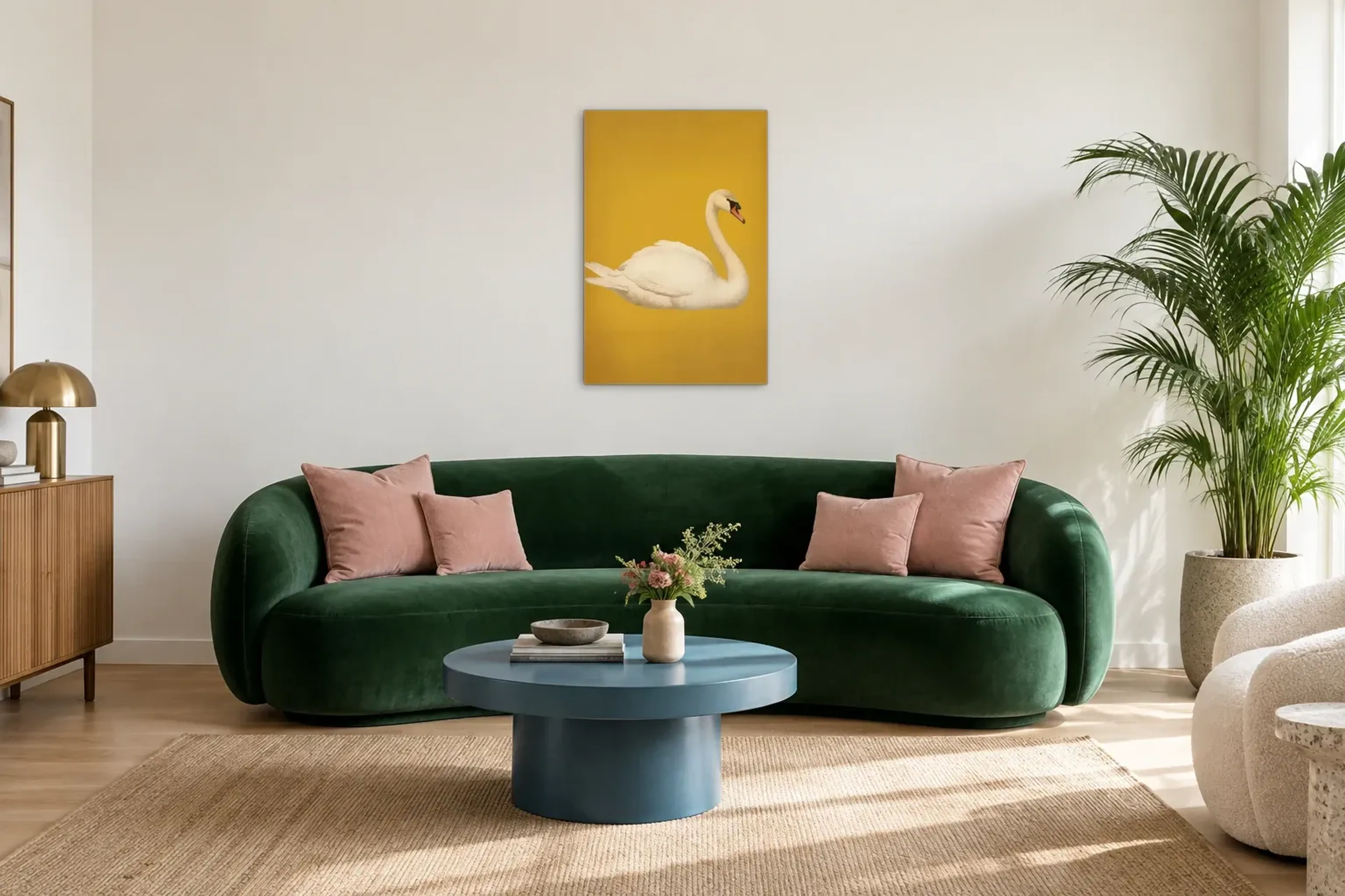 Schwan auf Senfgelb als Wandbild über einem 220-cm-Sofa