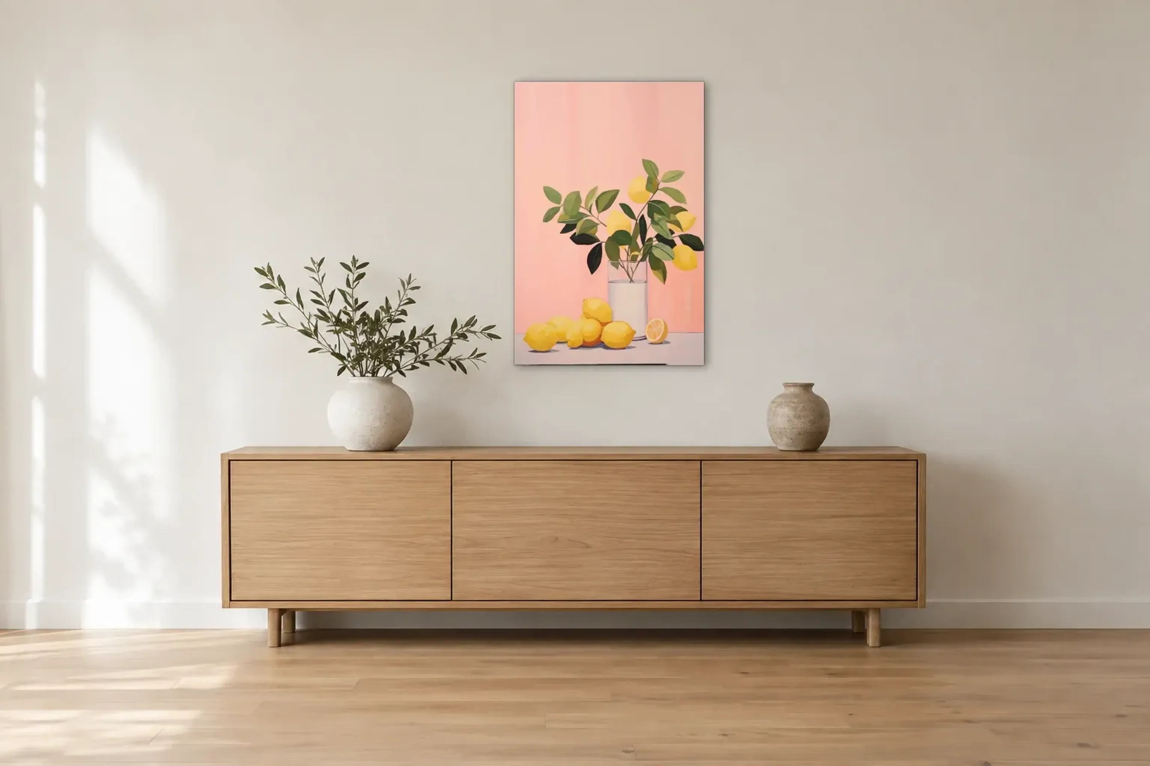Zitronenzweige im Glas als Wandbild über einem 180-cm-Sideboard