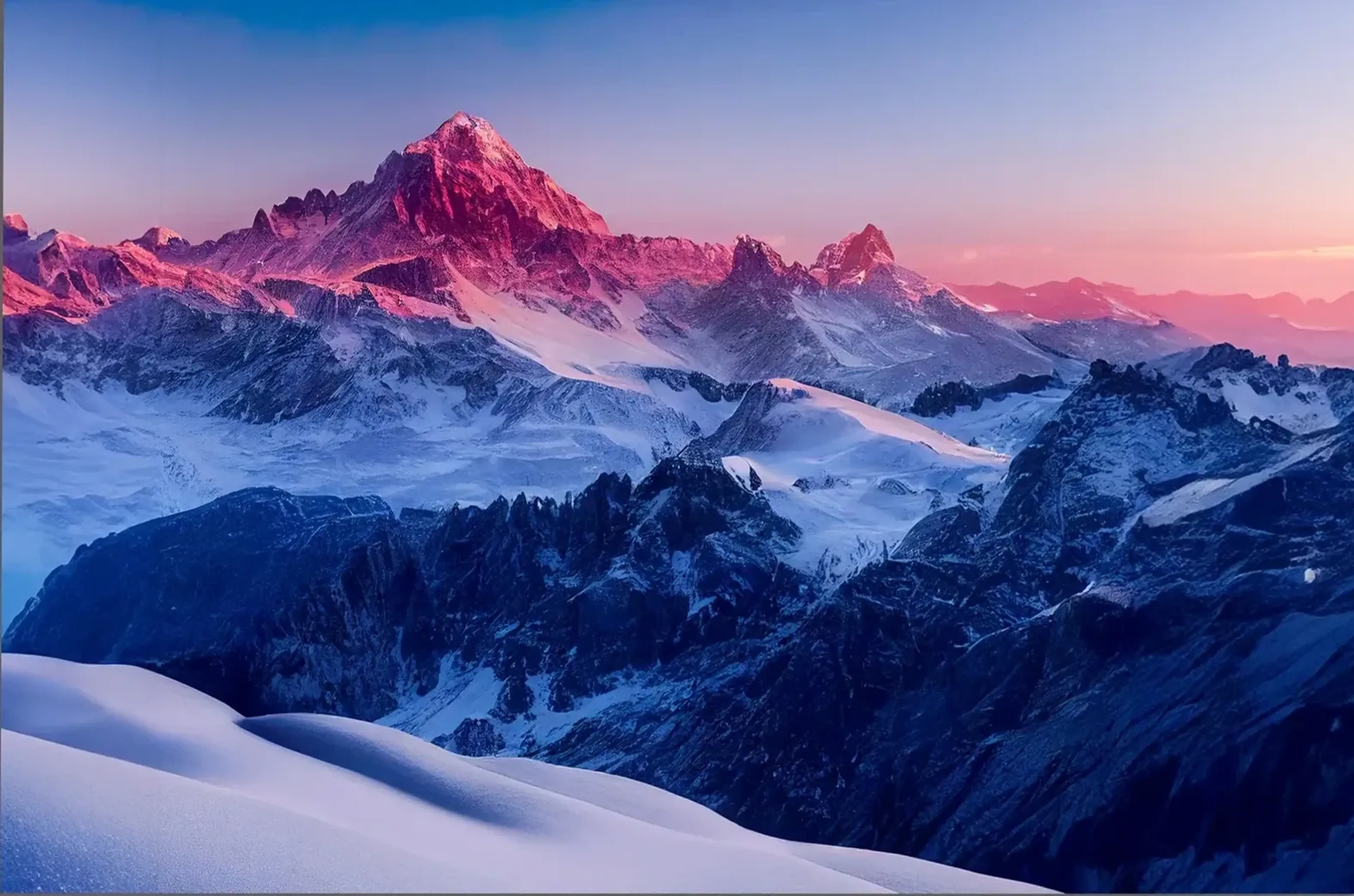 Rosafarbenes Licht beleuchtet schroffe Schneegipfel über tiefblauen Schatten und sanften Schneehängen.