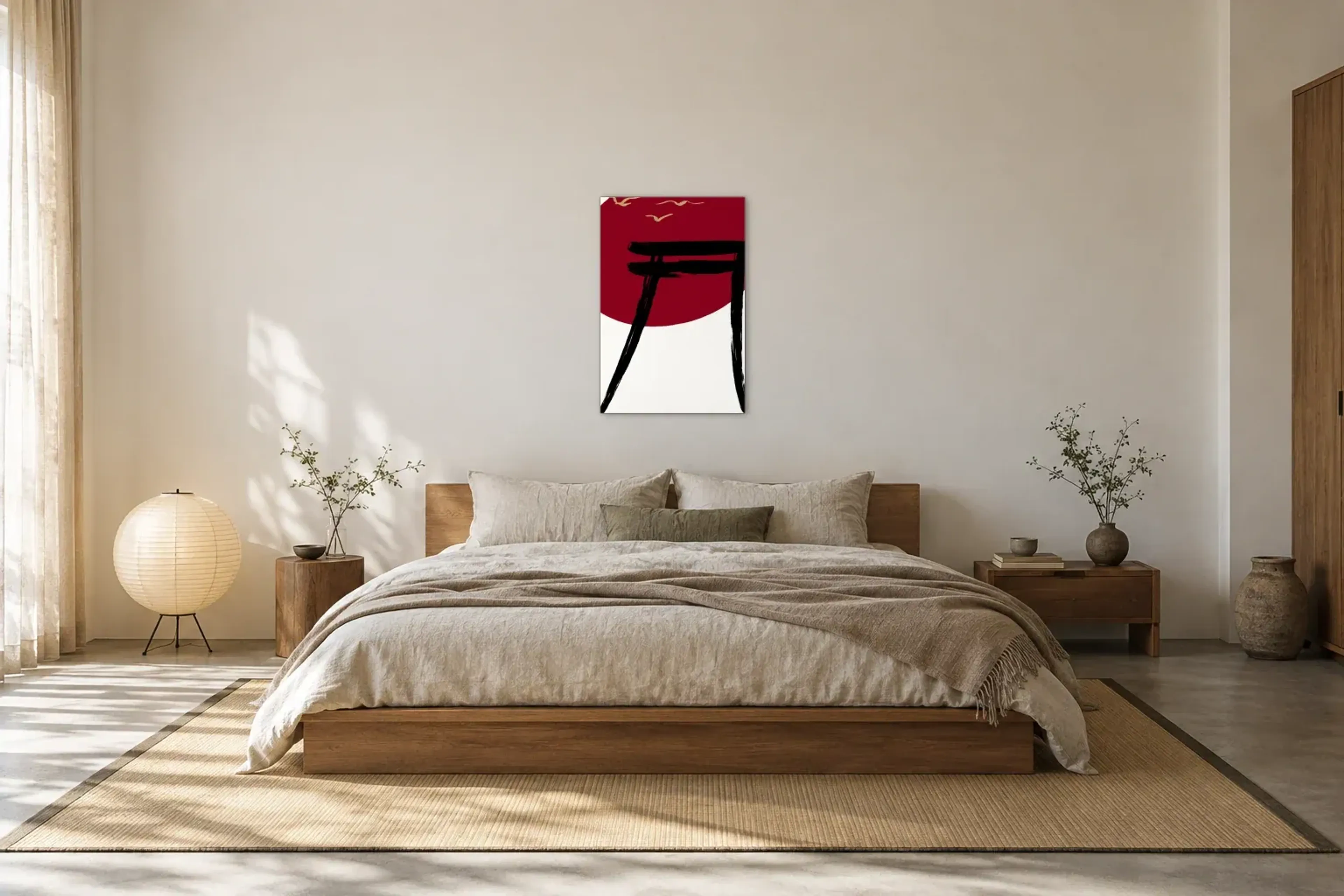 Tor vor roter Sonne als Wandbild über einem 180-cm-Bett