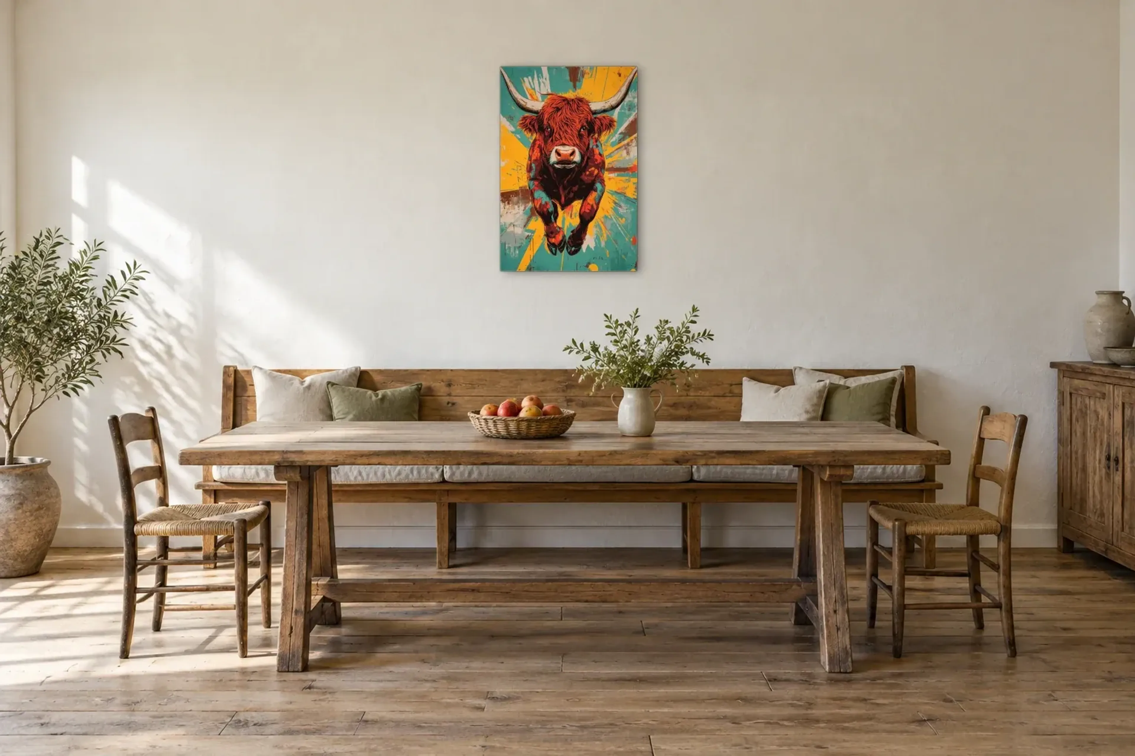 Hochlandrind im Sprung als Wandbild über einer 200-cm-Sitzbank