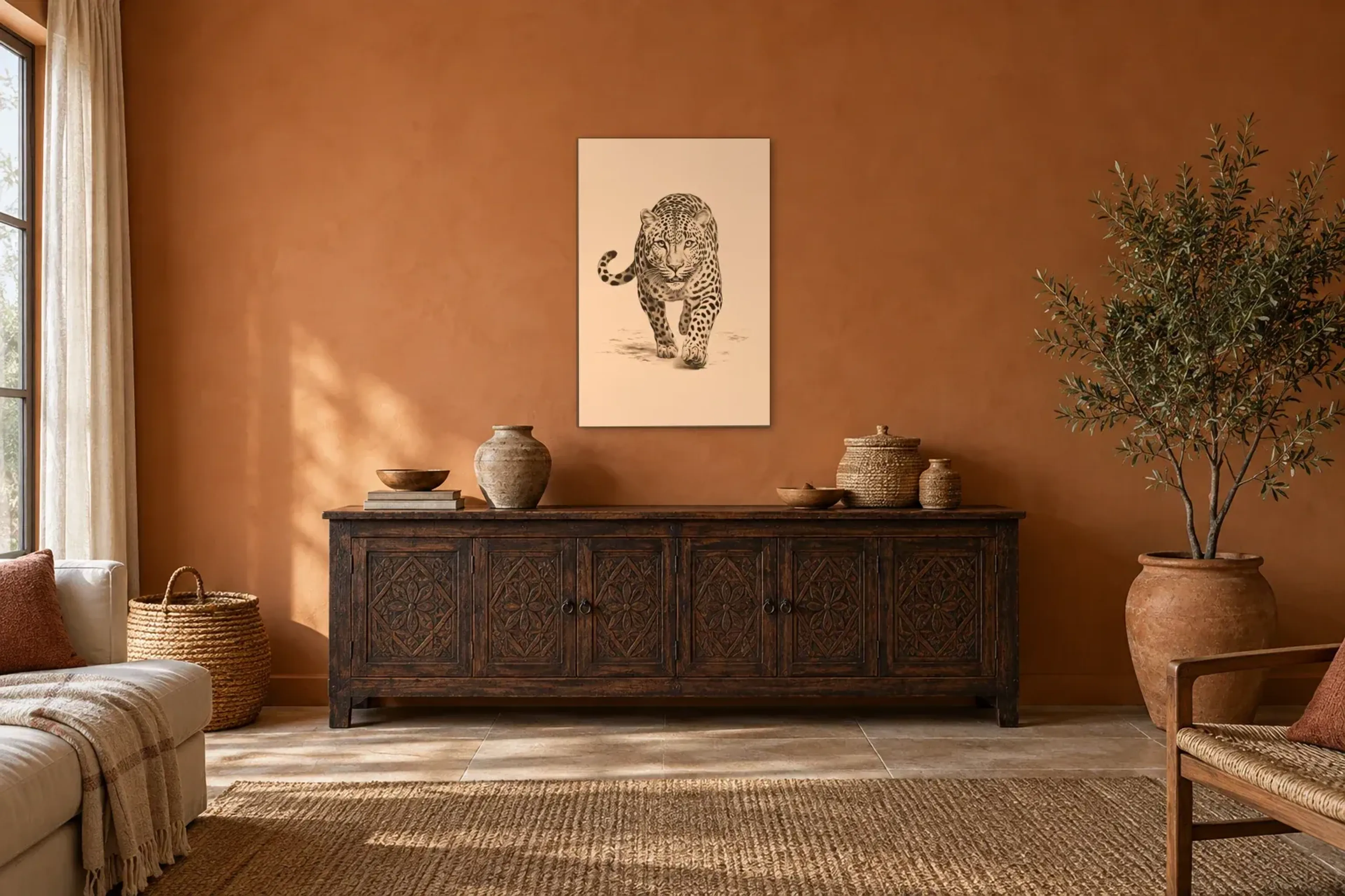 Leopard als Wandbild über einem 180-cm-Sideboard