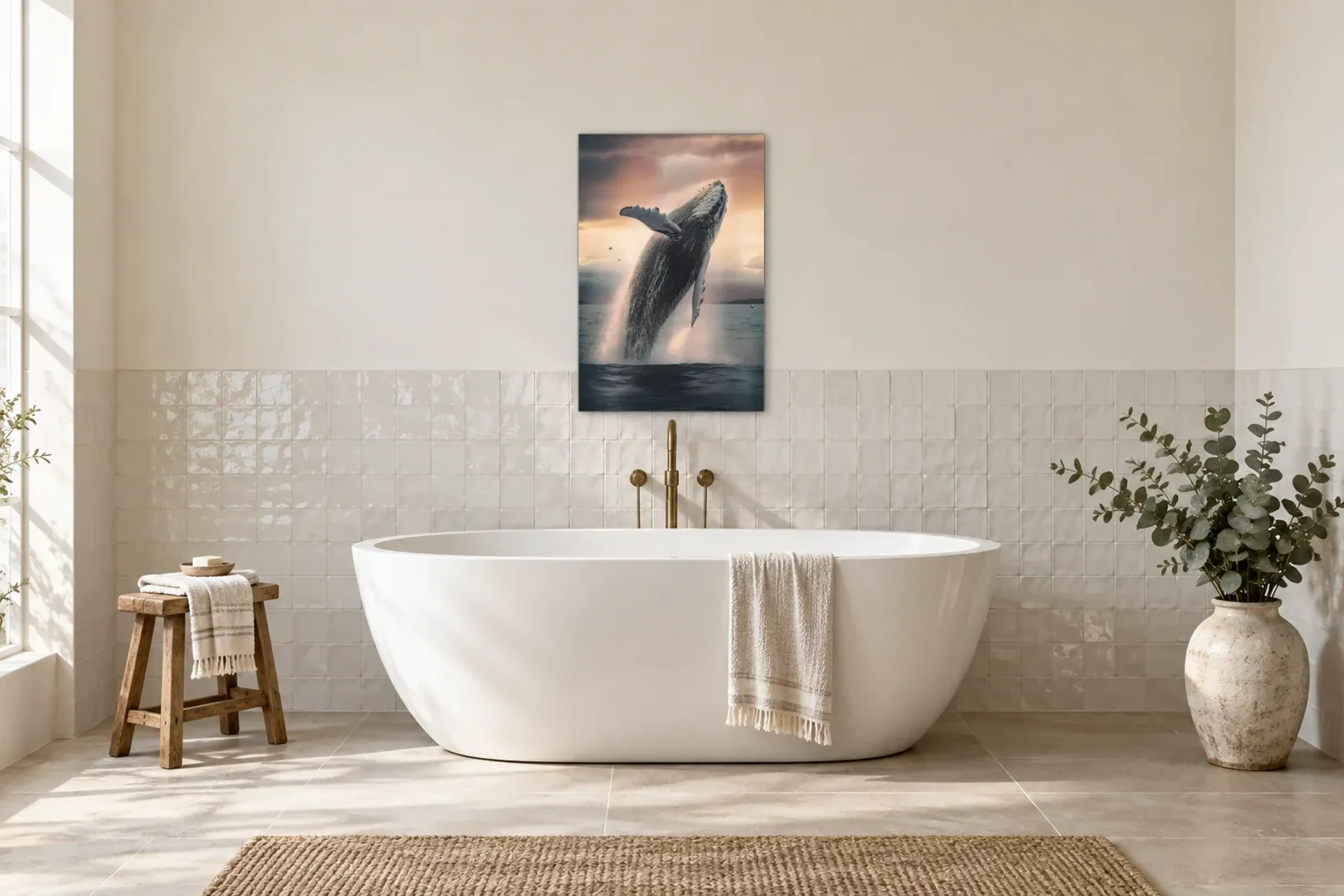 Sprung des Wals als Wandbild über einer 170-cm-Badewanne