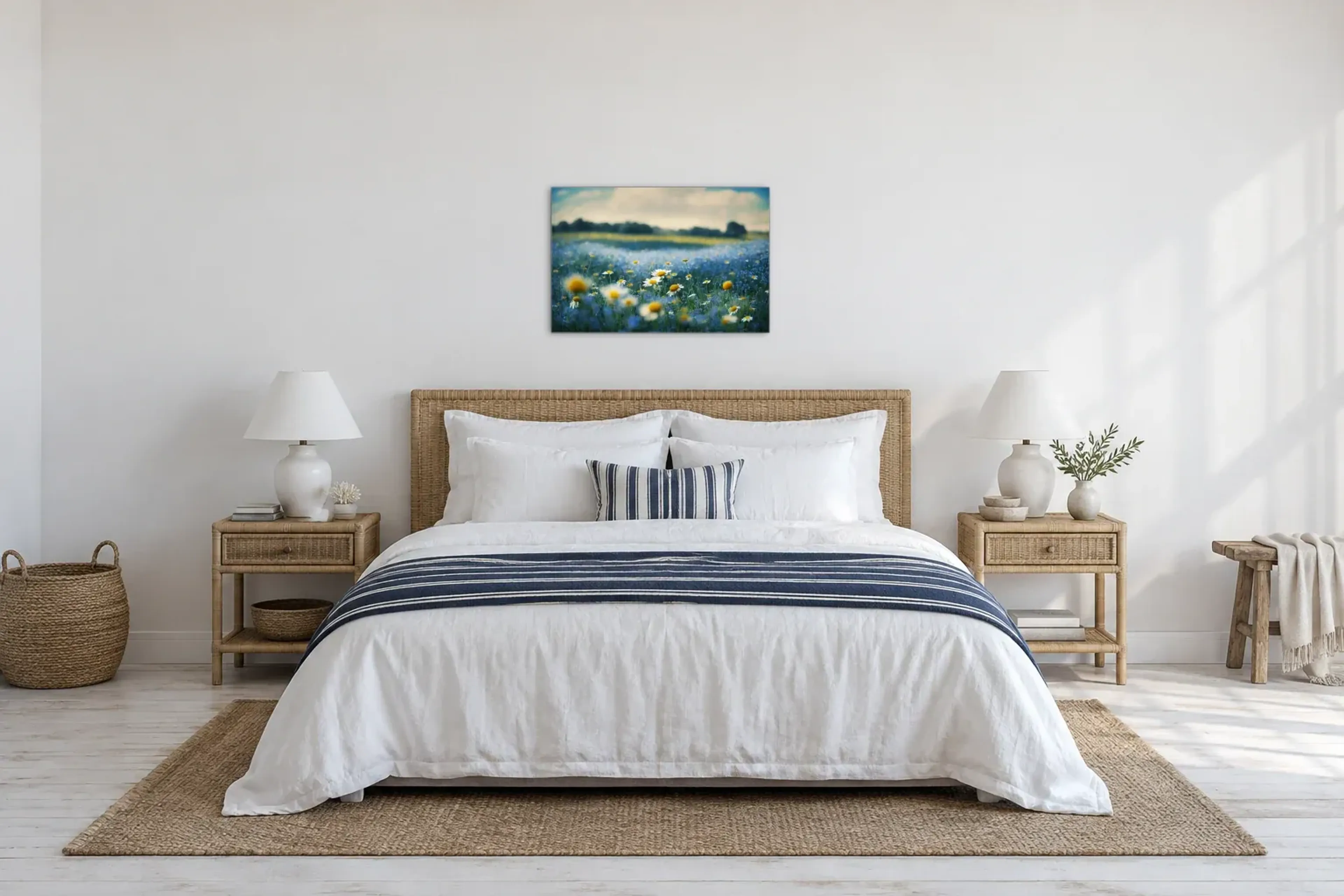 Blaue Blumenwiese als Wandbild über einem 180-cm-Bett