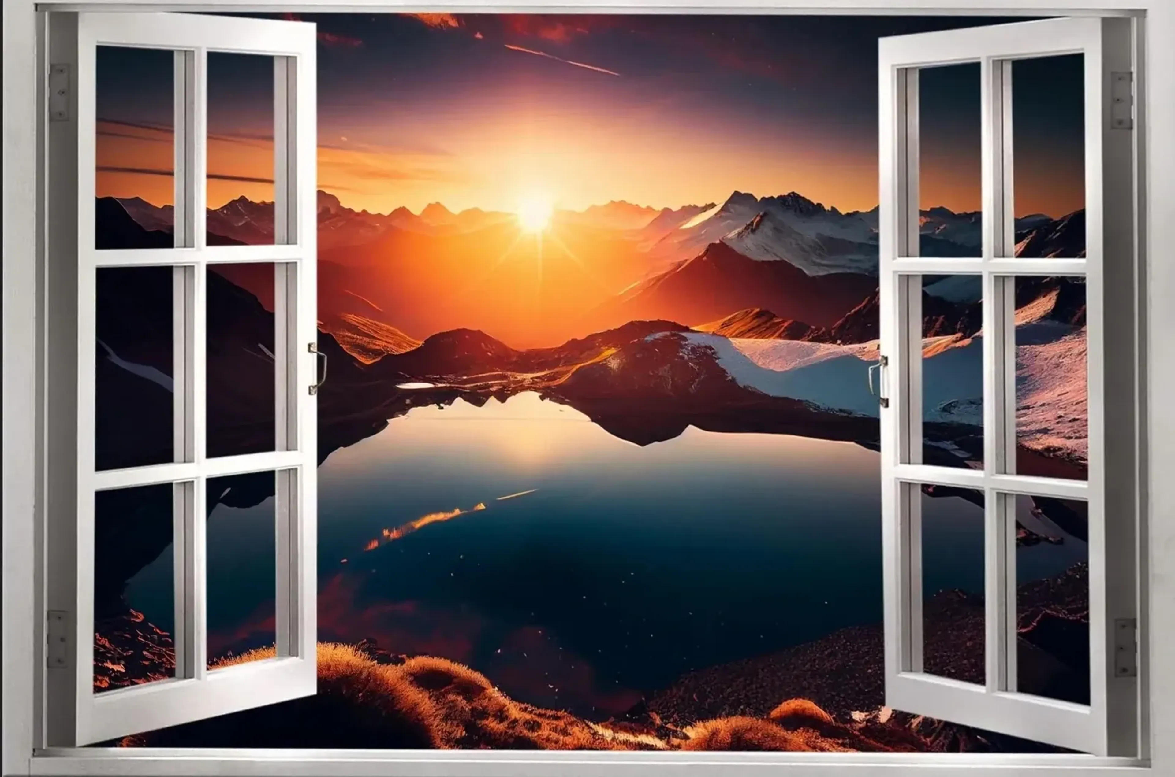 Abendsonne am Bergsee – Motiv als Wandbild auf Holz