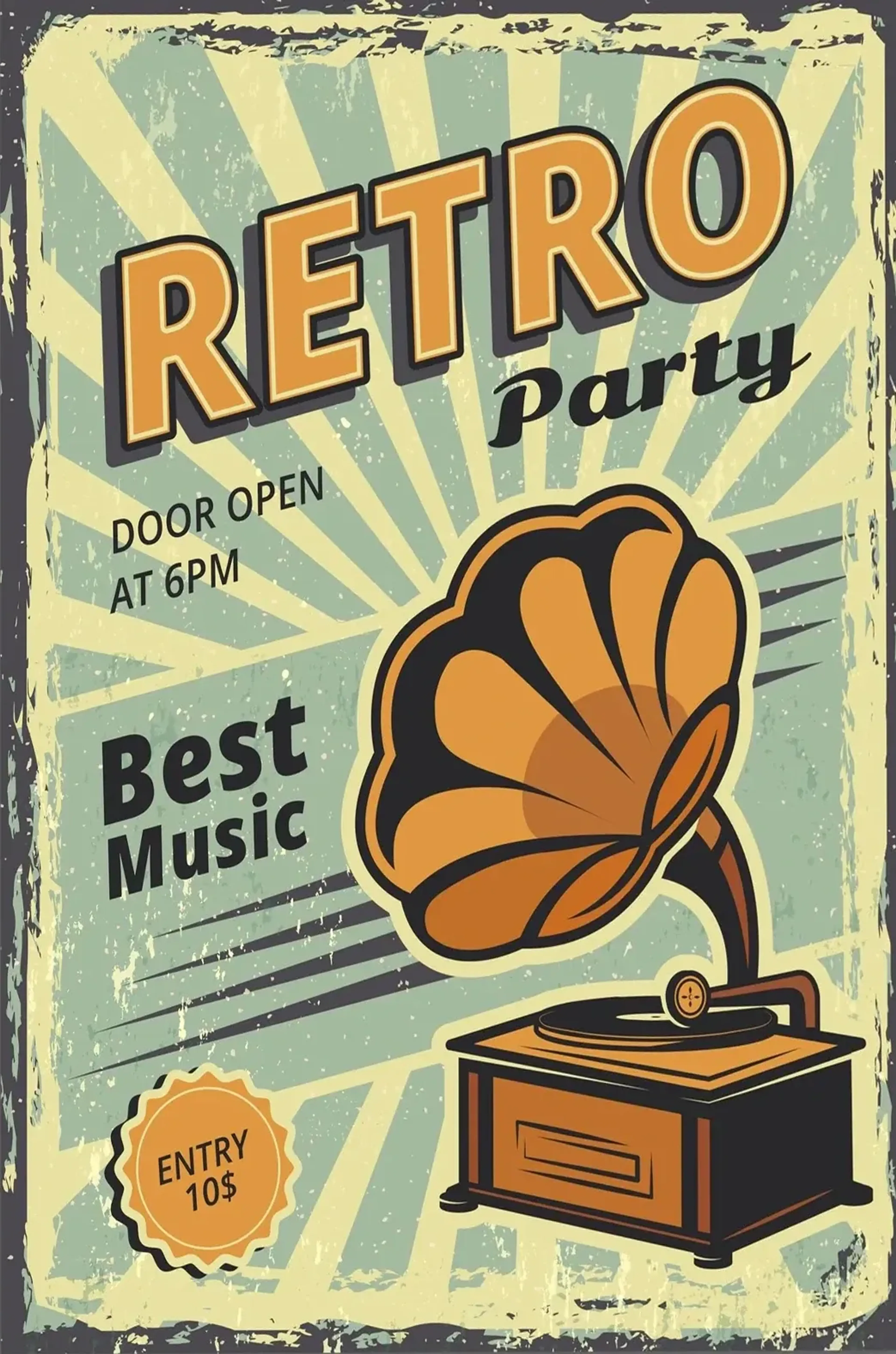 Ein orangefarbenes Grammophon steht vor grün-gelben Strahlen unter dem Schriftzug Retro Party.