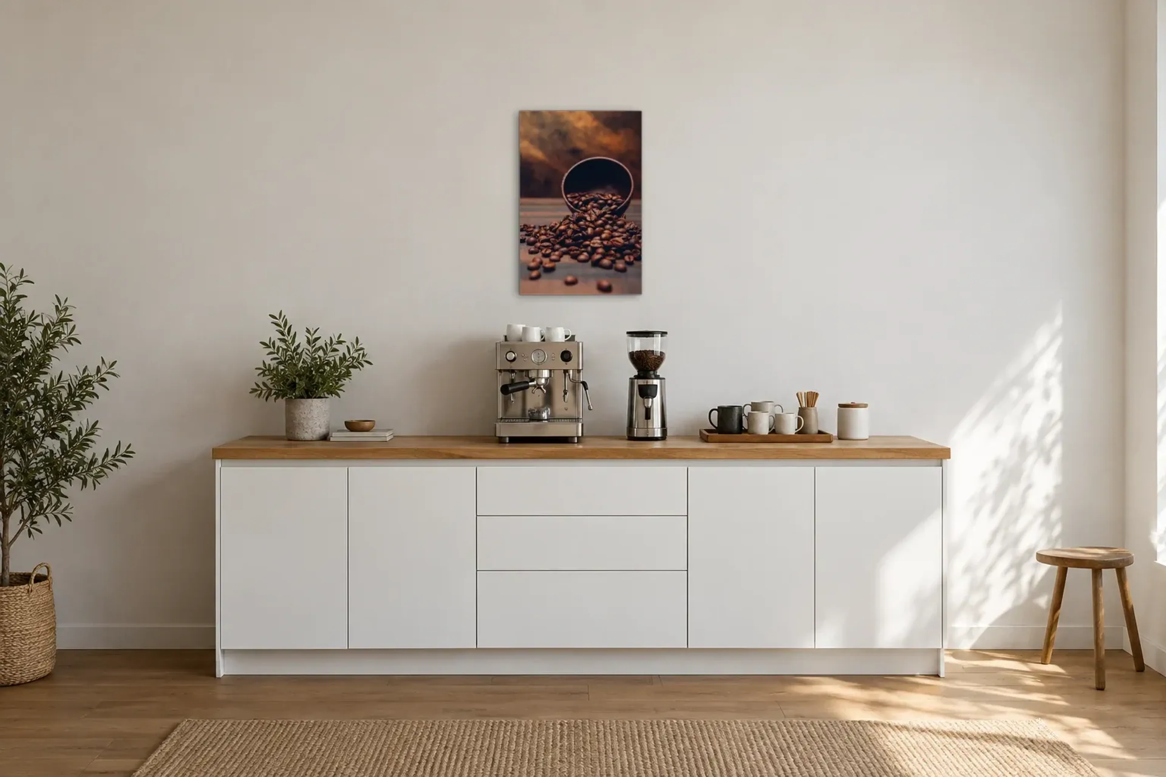 Kaffee Schale als Wandbild über einer 200-cm-Arbeitsplatte