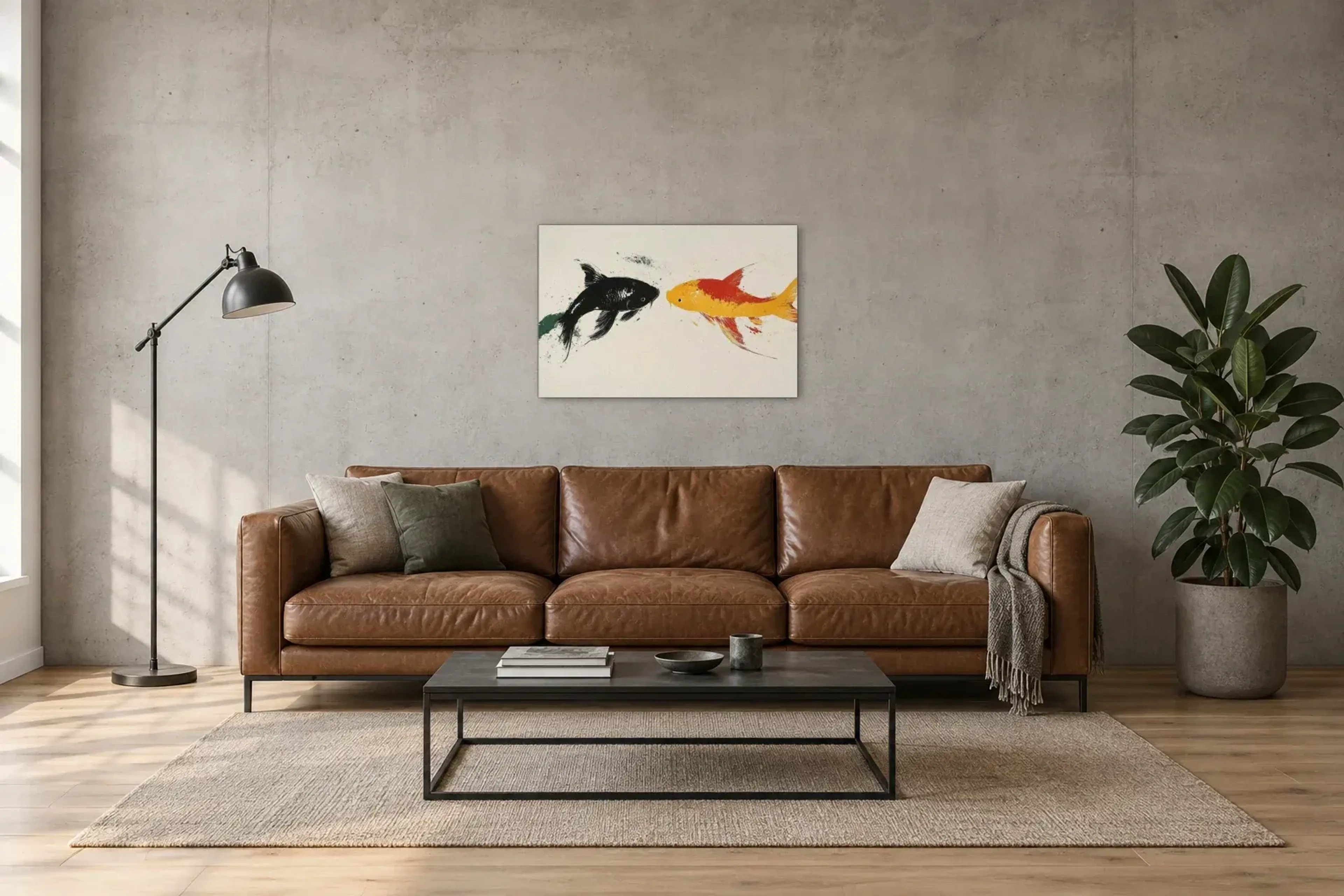 Begegnung der Koi als Wandbild über einem 220-cm-Sofa
