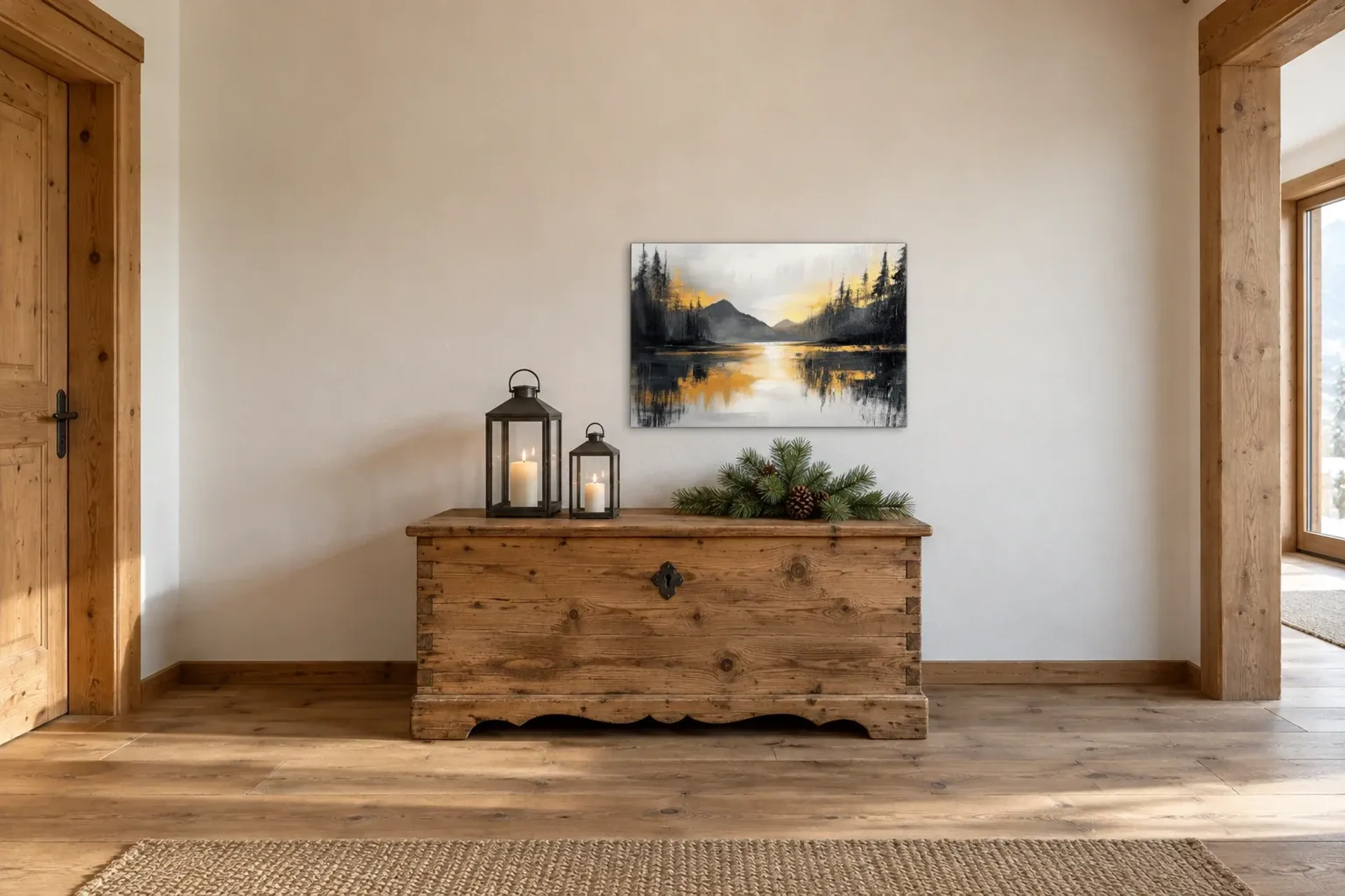 Bergsee im goldenen Licht als Wandbild über einer 140-cm-Truhe
