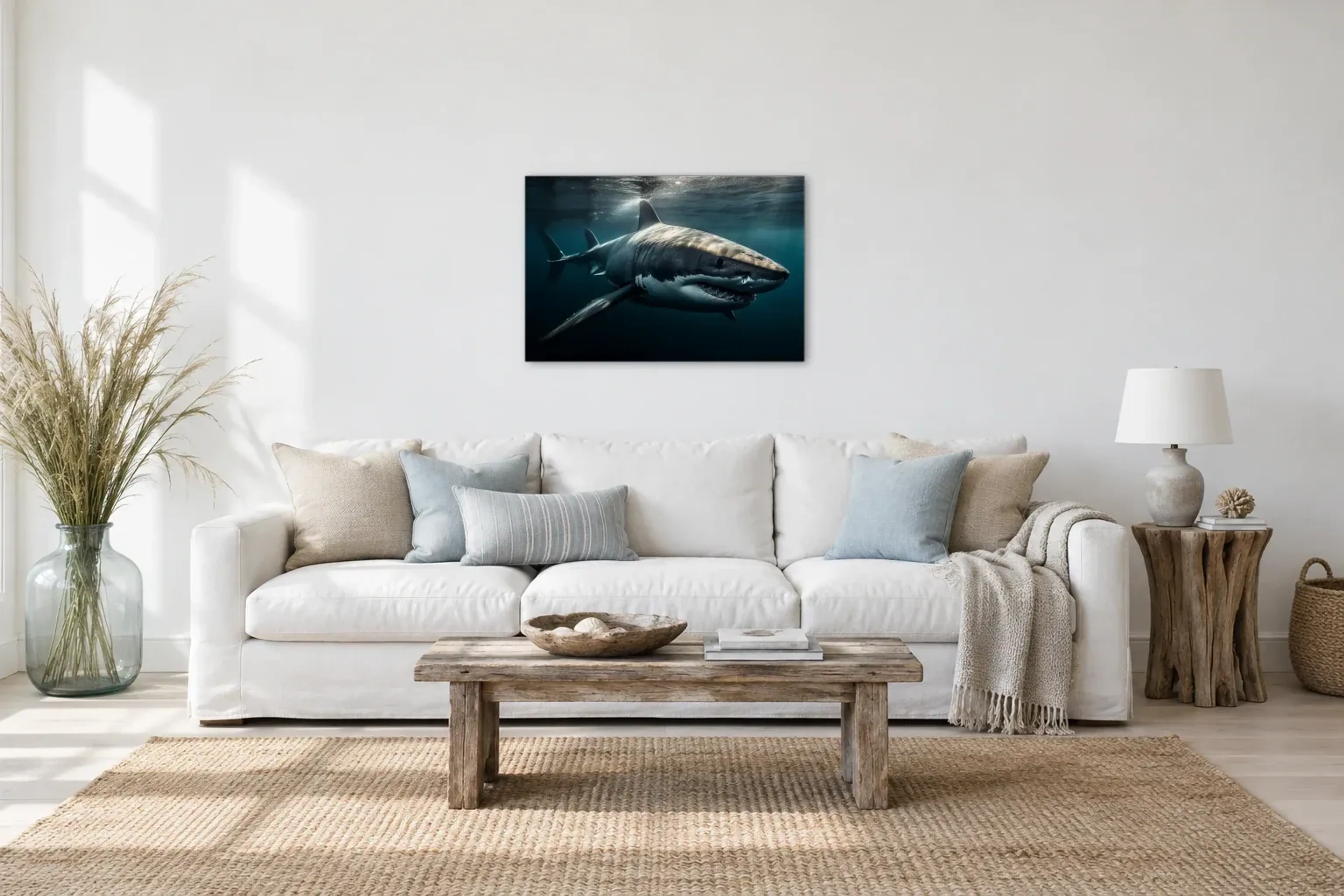 Hai im Gegenlicht als Wandbild über einem 220-cm-Sofa