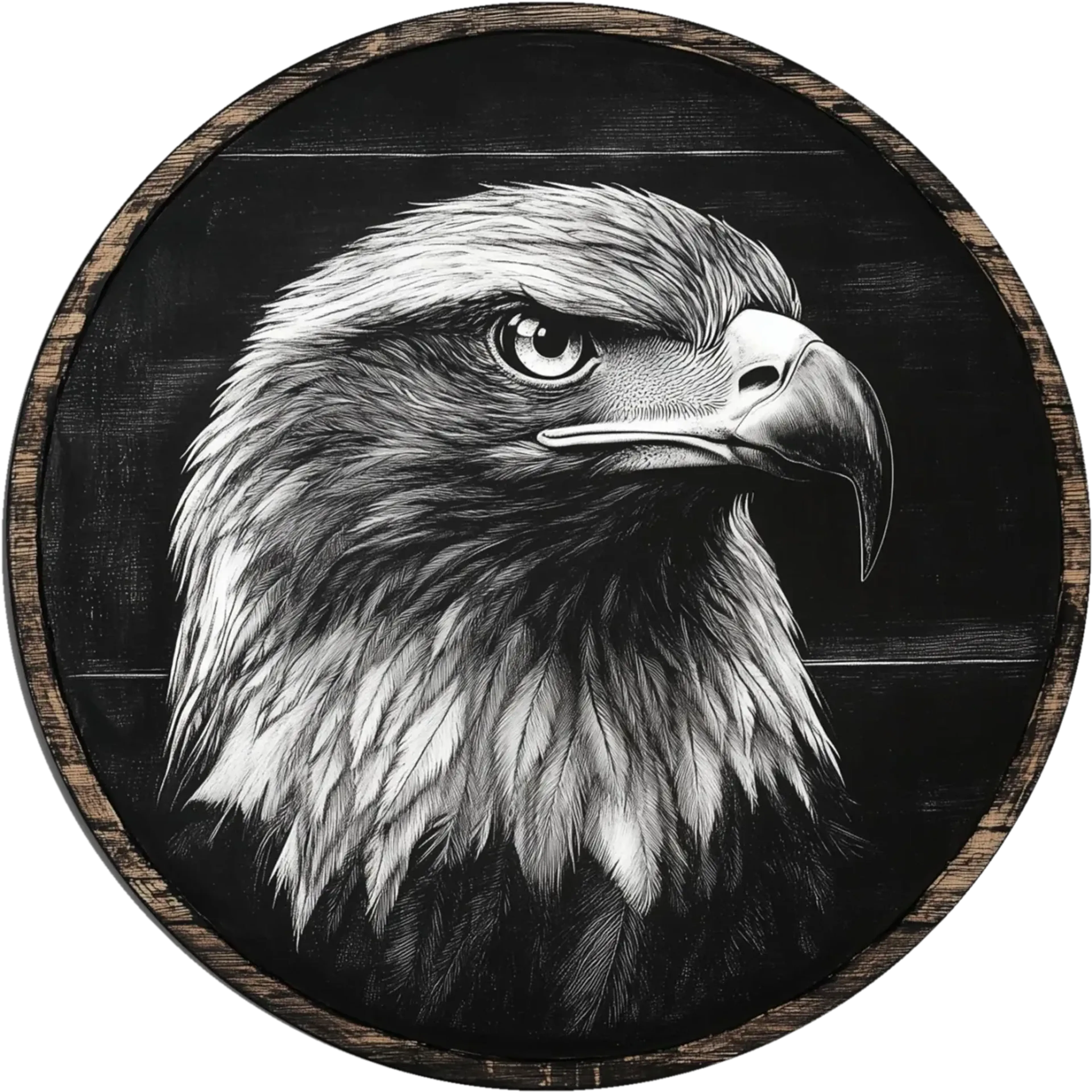 Adlerkopf im Profil mit hellem Auge und markantem Hakenschnabel auf schwarzem, rundem Hintergrund.