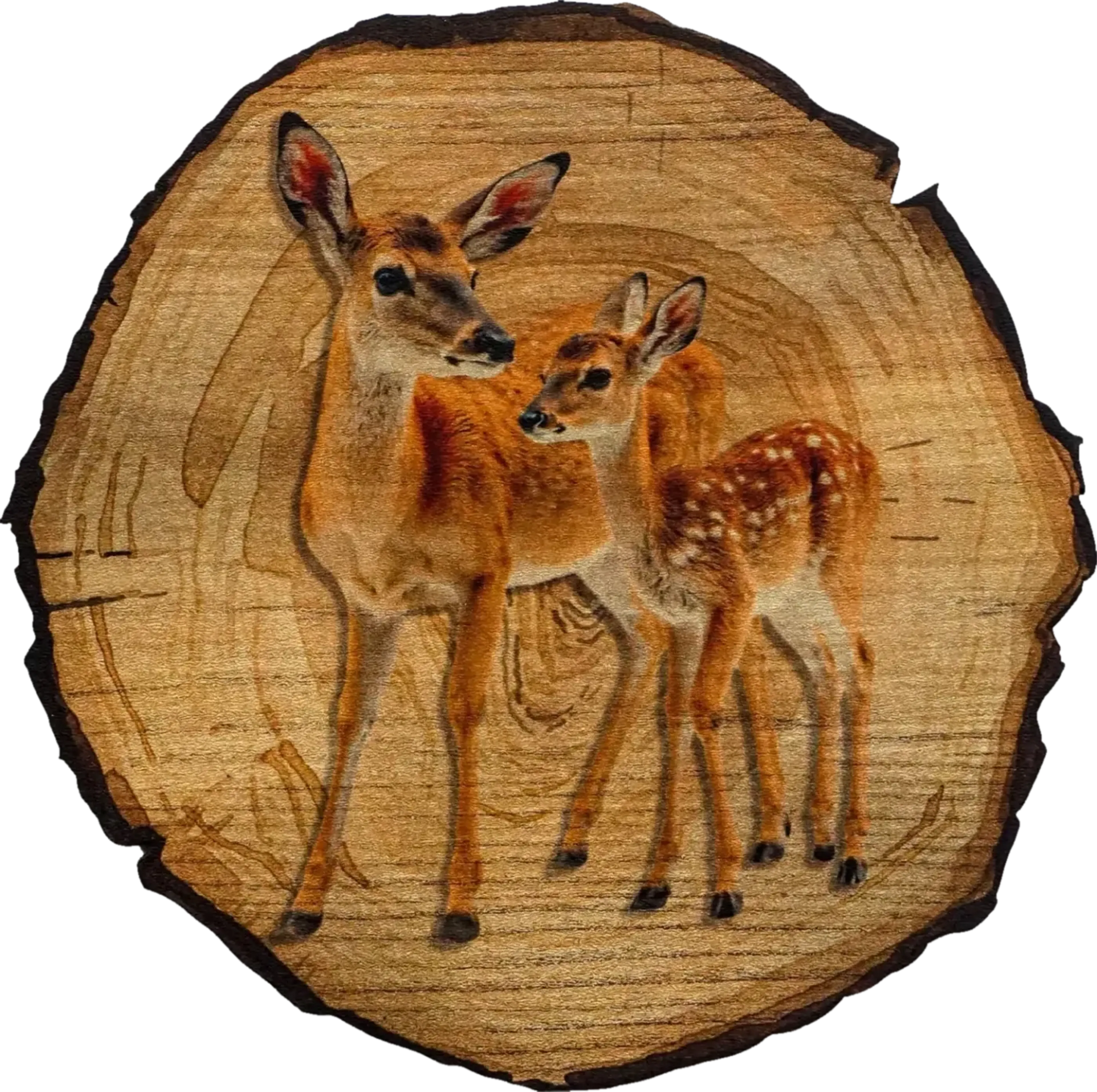 Ausgewachsenes Reh und weiß geflecktes Jungtier stehen nebeneinander auf einem runden Hintergrund in Holzoptik.