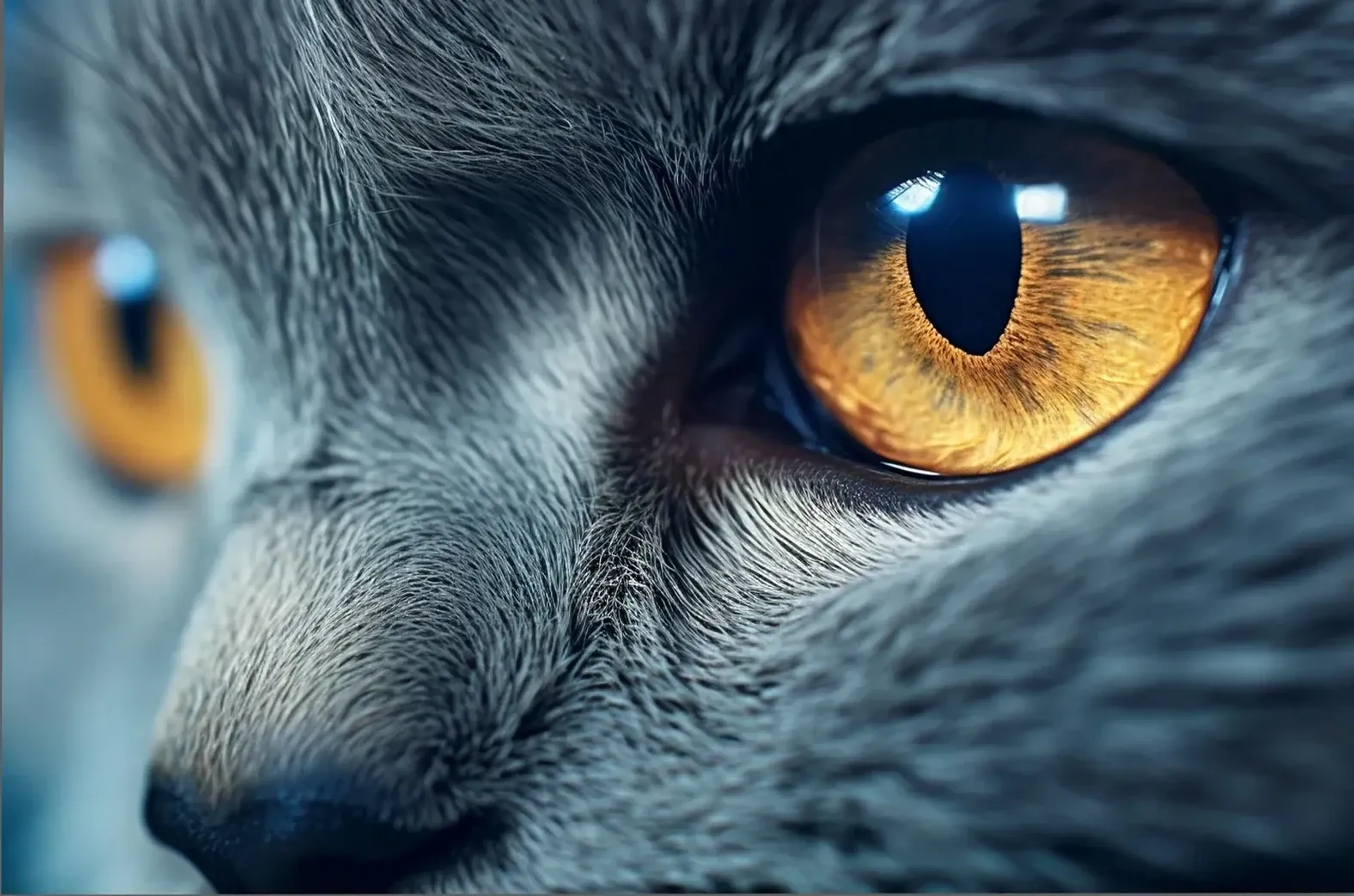 Nahaufnahme einer blaugrauen Katze mit goldgelben Augen, feinen Fellhaaren und hellen Lichtreflexen in den Pupillen.